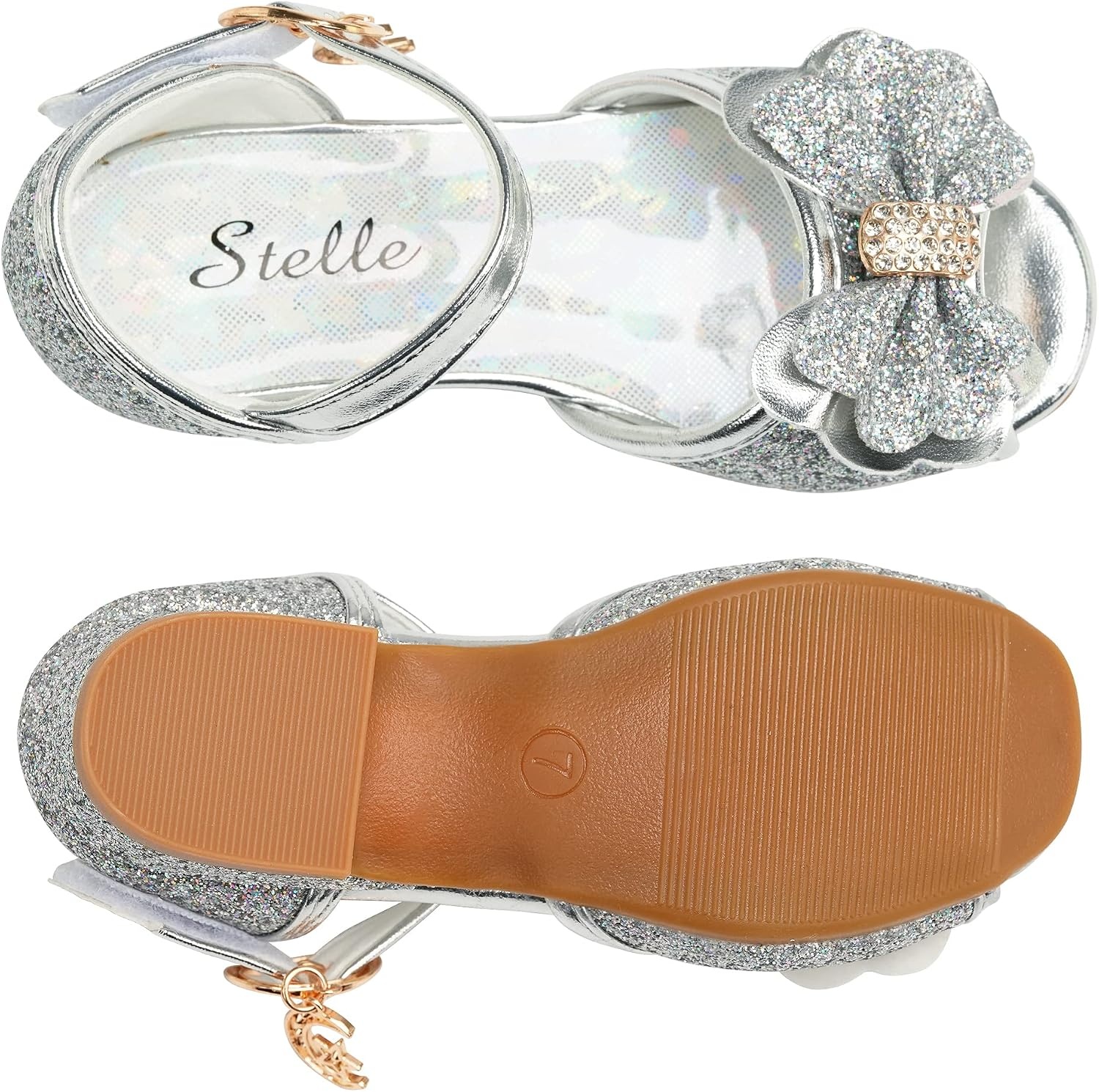 Stelle Girls Dress Shoes Low Heel Glitter Bow Party Wedding Flower School Shoes(Bella-silver)