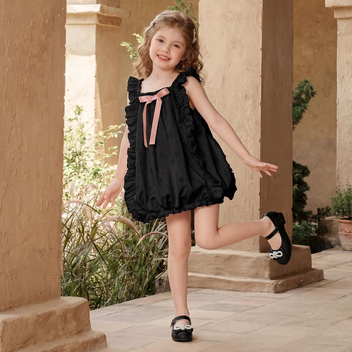 Stelle Girls Dress Shoes Flower Girls Wedding Party Low Heels with Bow for Toddler and Kids(Black)