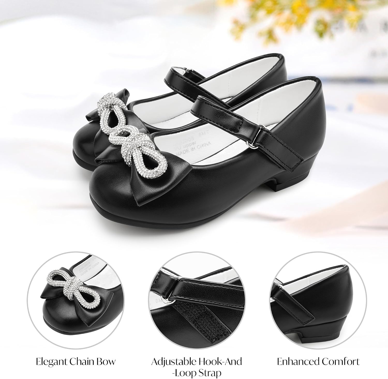 Stelle Girls Dress Shoes Flower Girls Wedding Party Low Heels with Bow for Toddler and Kids(Black)