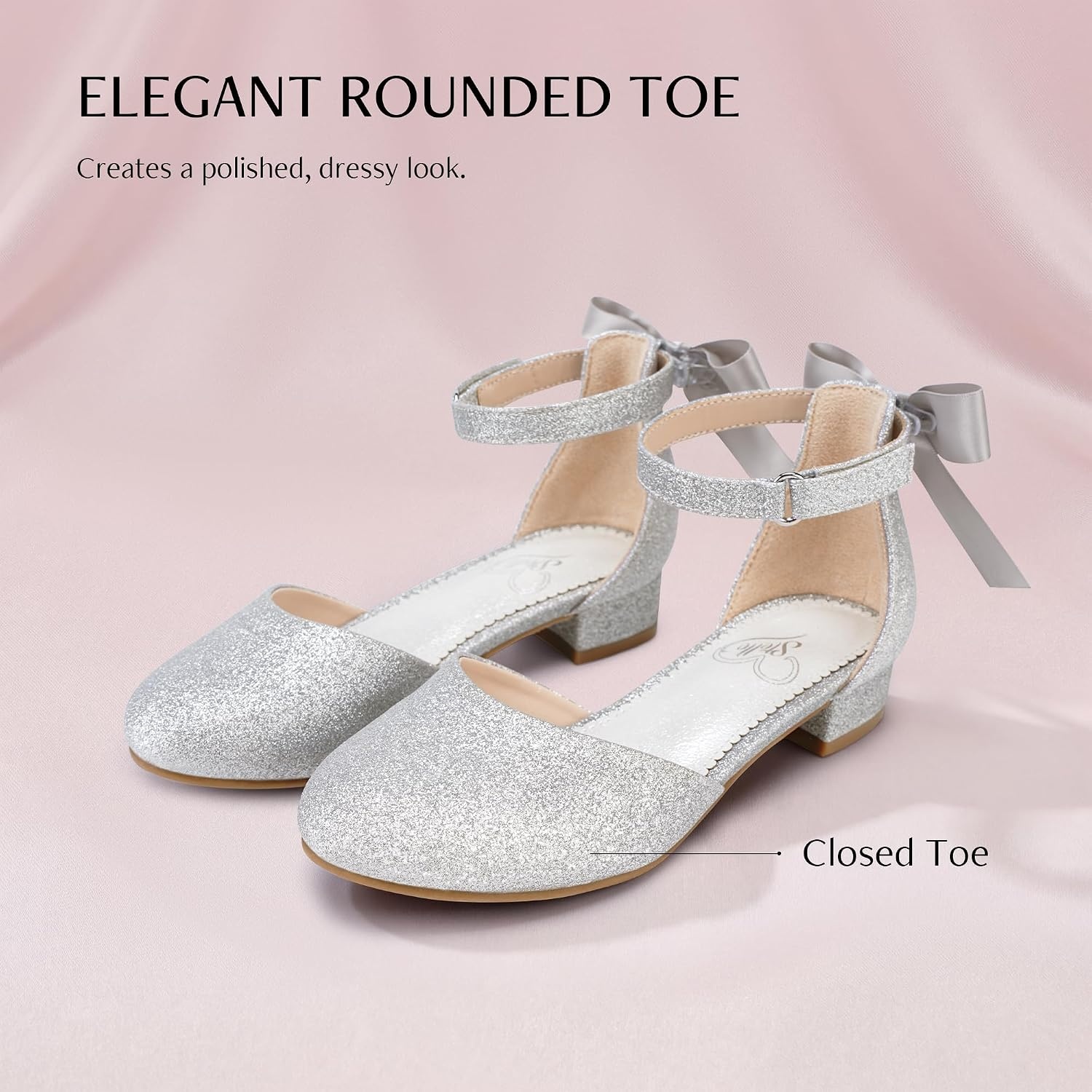 Stelle Girls Low Heel Dress Shoes with Detachable Bow for Wedding Party(Silver)