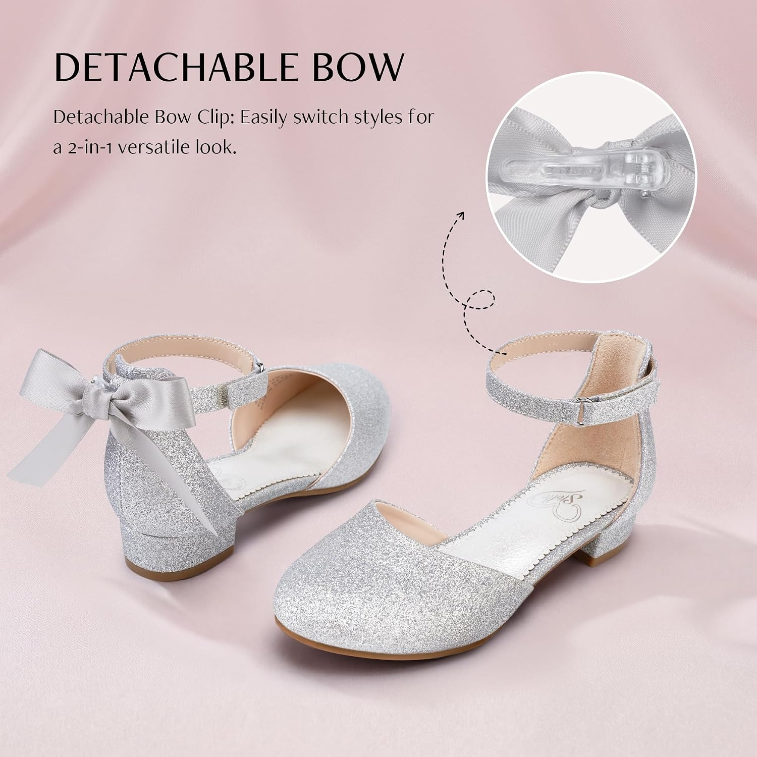 Stelle Girls Low Heel Dress Shoes with Detachable Bow for Wedding Party(Silver)