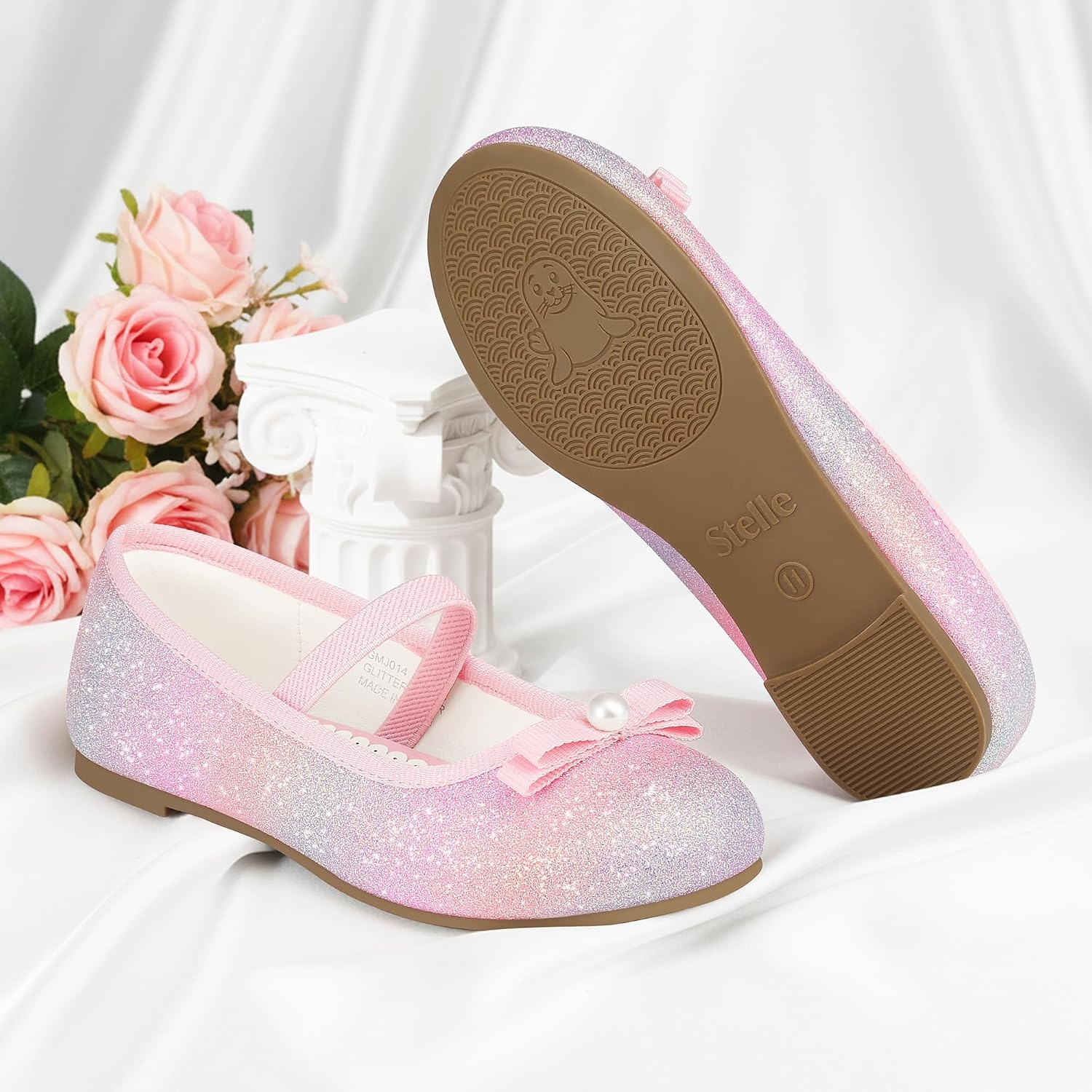 Stelle Girls Glitter Dress Shoes Flats with Pearl Bow for Party Flower Girl(Pink Ombre)