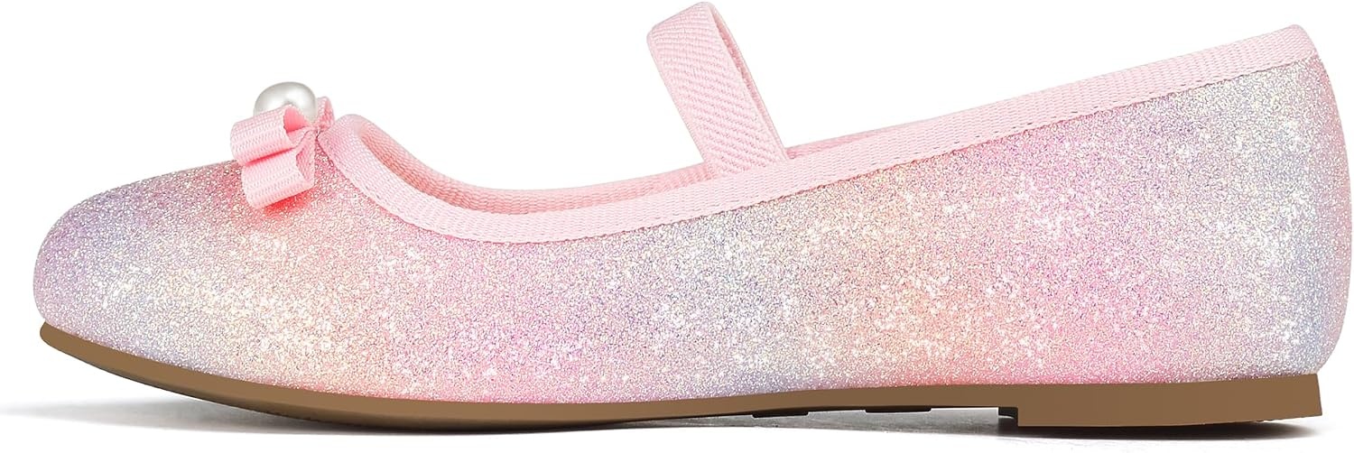 Stelle Girls Glitter Dress Shoes Flats with Pearl Bow for Party Flower Girl(Pink Ombre)
