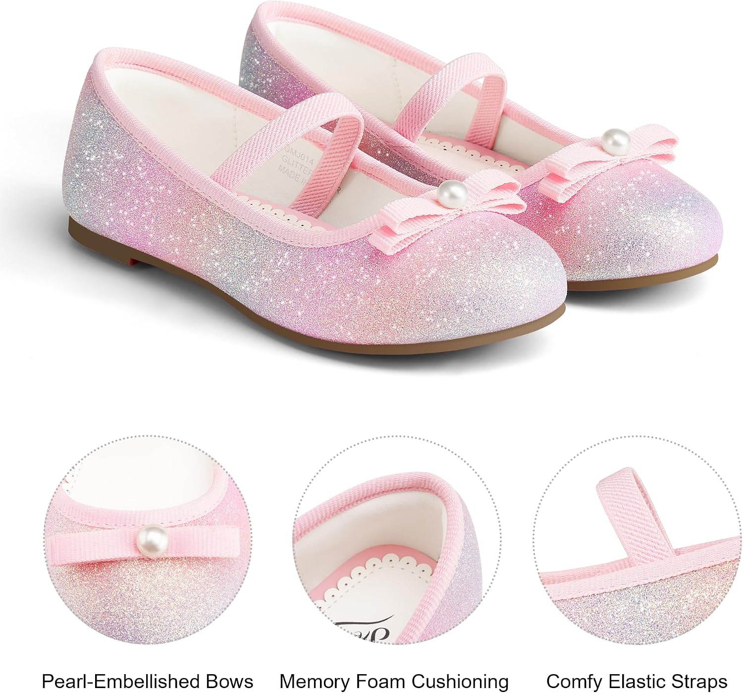 Stelle Girls Glitter Dress Shoes Flats with Pearl Bow for Party Flower Girl(Pink Ombre)