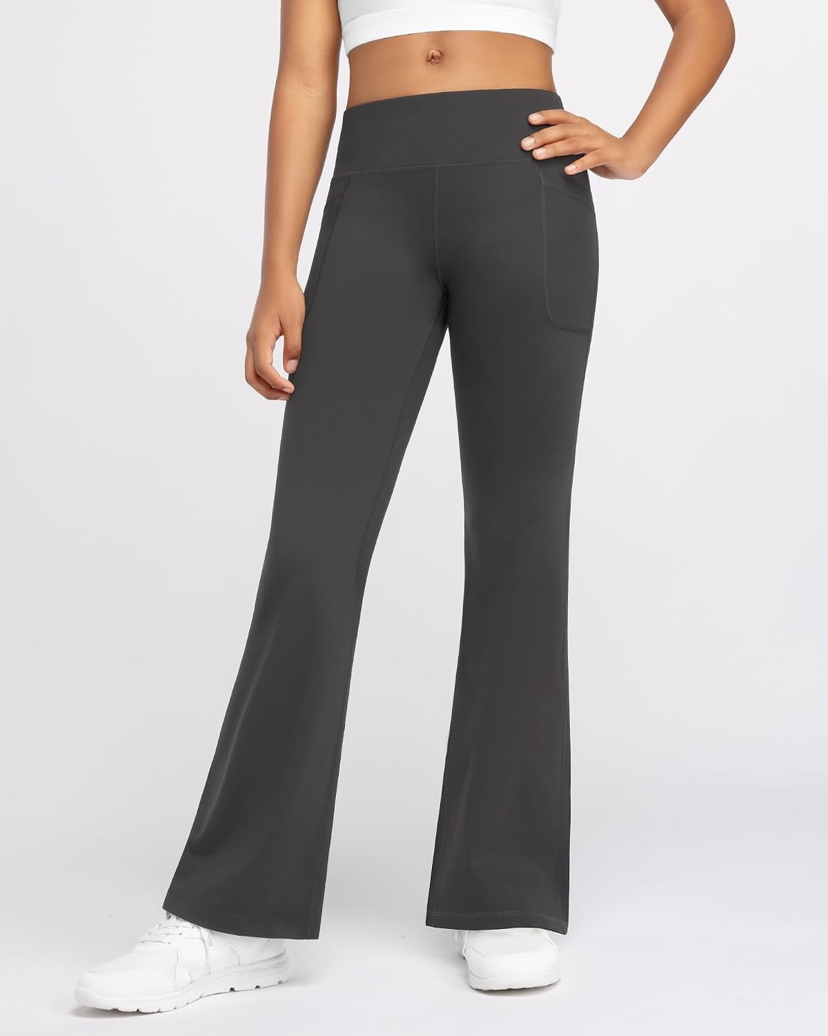 Stelle Girls Fleece Lined Flare Leggings with Pockets Bell Bottom Pants(Charcoal)