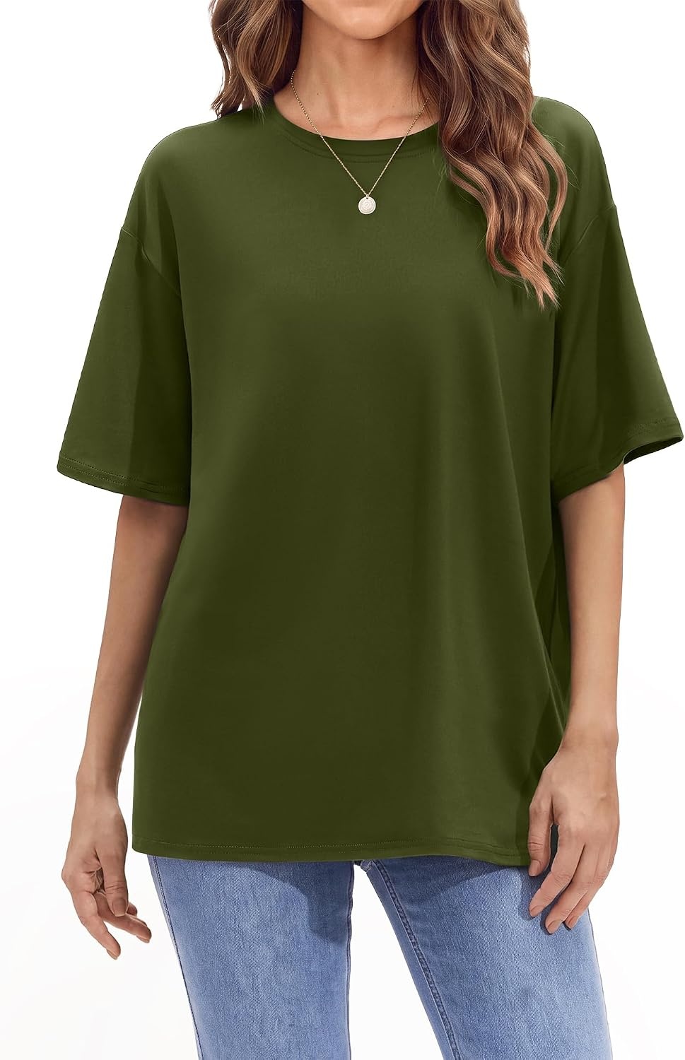 Stelle Non See Through Oversized T Shirts Women Crew Neck Short Sleeve Summer Tops Soft Basic Tee Shirt(Olive Green)