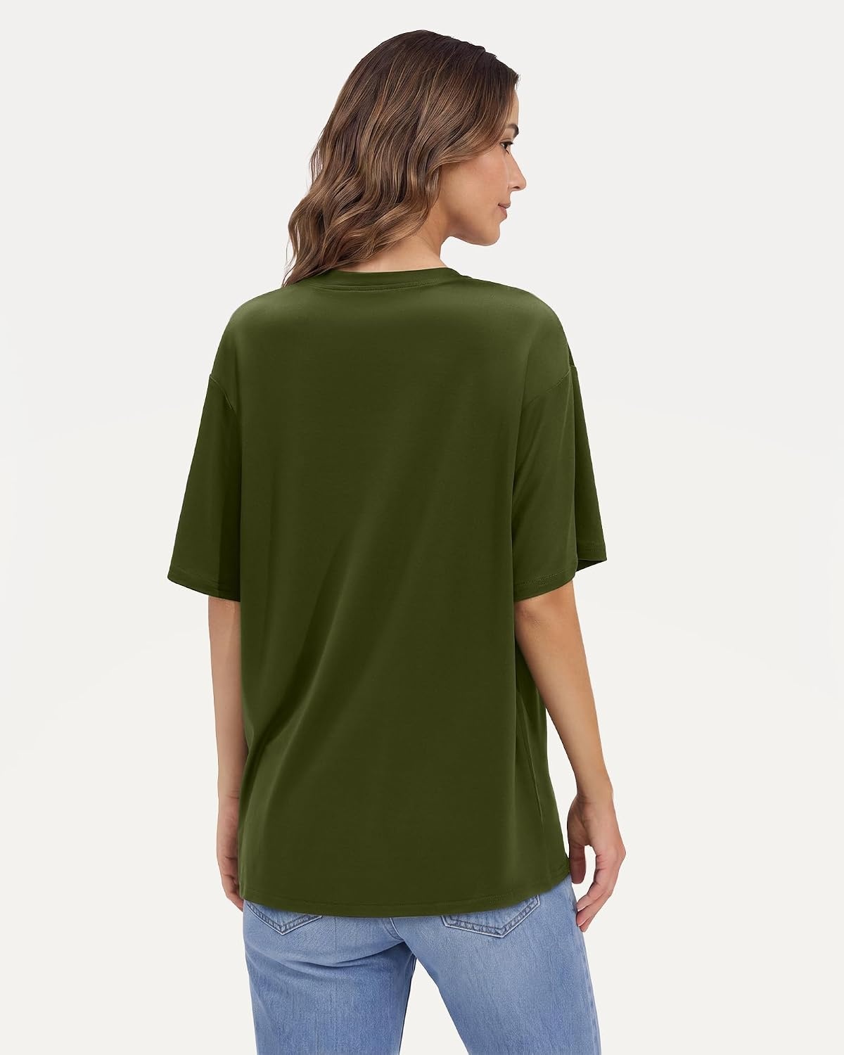 Stelle Non See Through Oversized T Shirts Women Crew Neck Short Sleeve Summer Tops Soft Basic Tee Shirt(Olive Green)