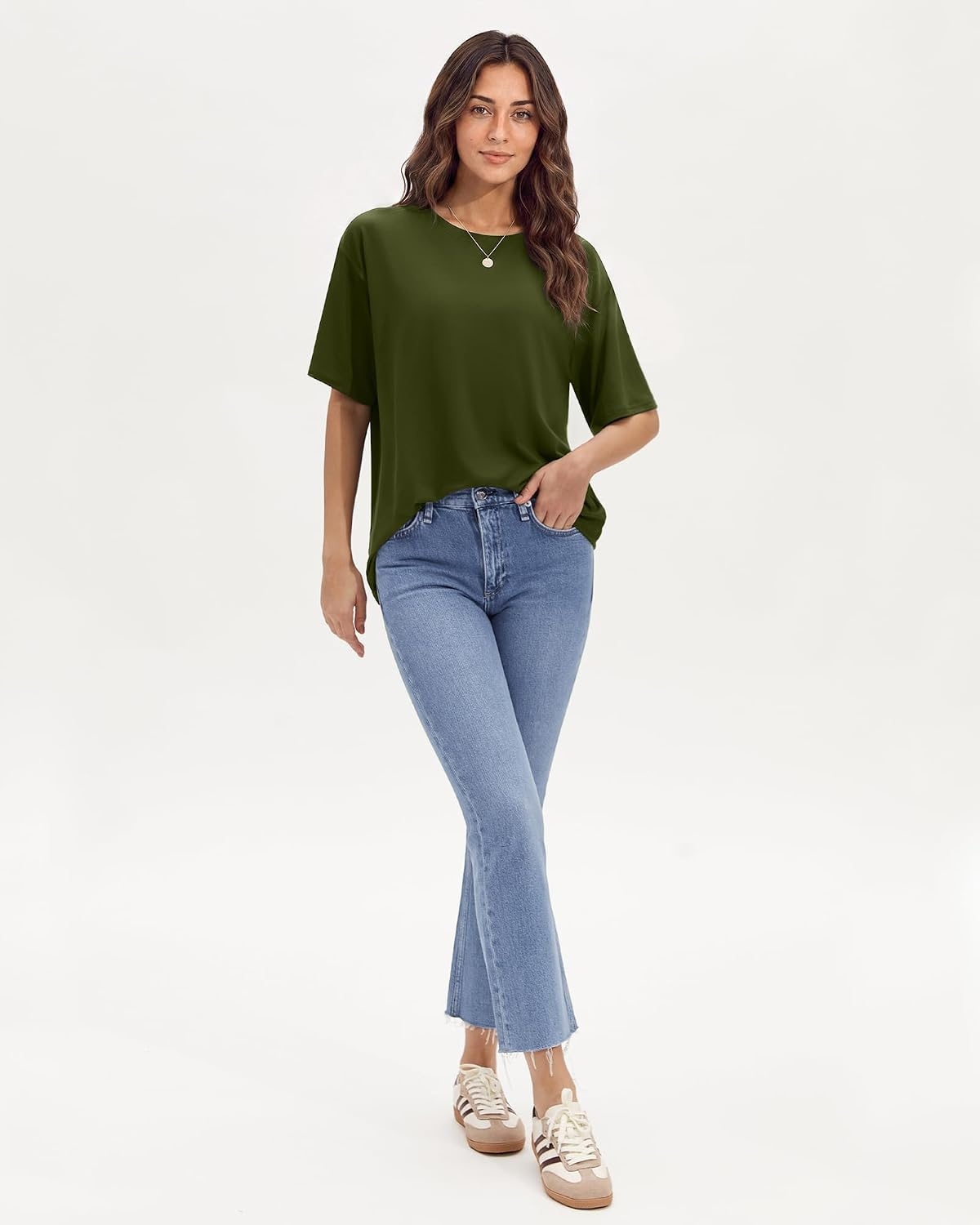 Stelle Non See Through Oversized T Shirts Women Crew Neck Short Sleeve Summer Tops Soft Basic Tee Shirt(Olive Green)