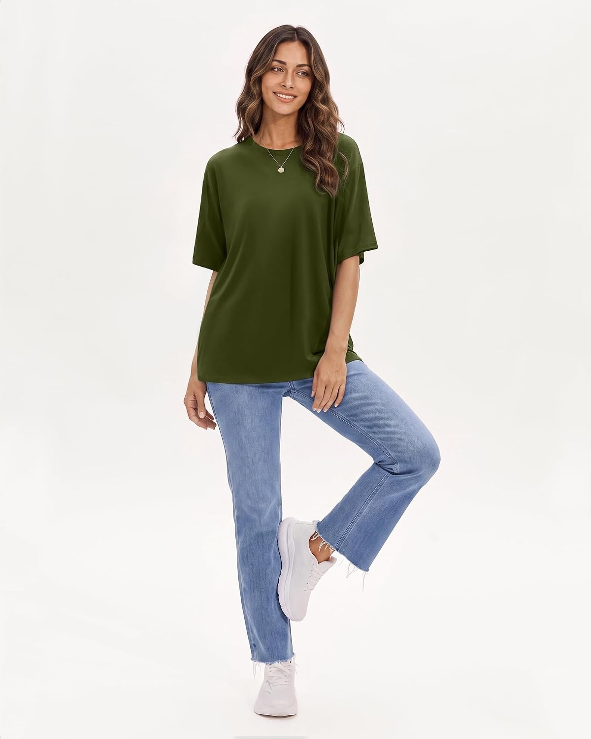 Stelle Non See Through Oversized T Shirts Women Crew Neck Short Sleeve Summer Tops Soft Basic Tee Shirt(Olive Green)