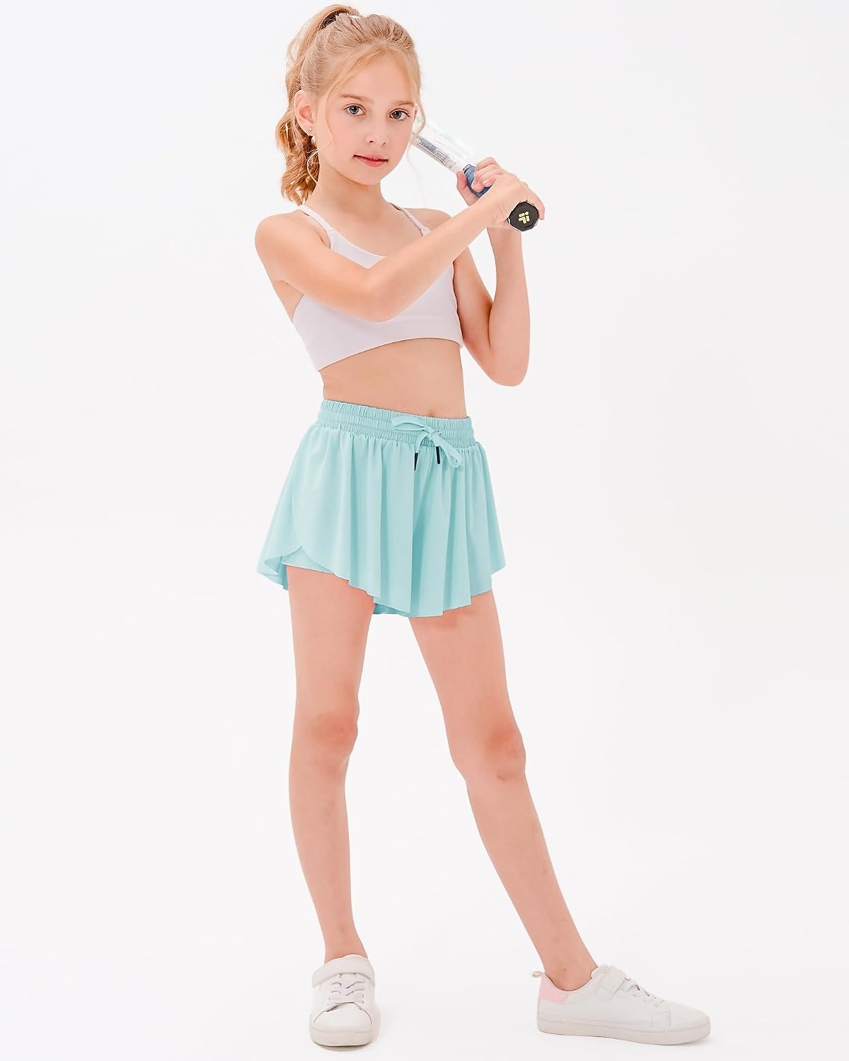 Stelle Girls Butterfly Shorts with Pockets Athletic Running Sports Skirt | 2 in 1 Sports short, 5-16 Years, Lightweight, Breathable, Quick-dry, Compression liner, 2 Inner pockets, Elastic waistband(Light Blue)