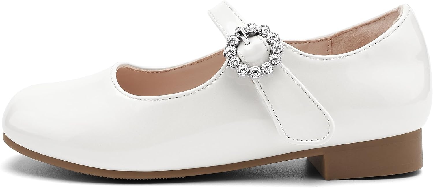 Stelle Girls Dress Shoes Rhinestone Buckle Mary Janes for School Wedding(Off-white)