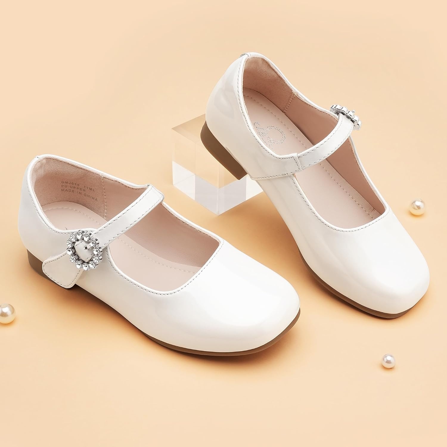 Stelle Girls Dress Shoes Rhinestone Buckle Mary Janes for School Wedding(Off-white)