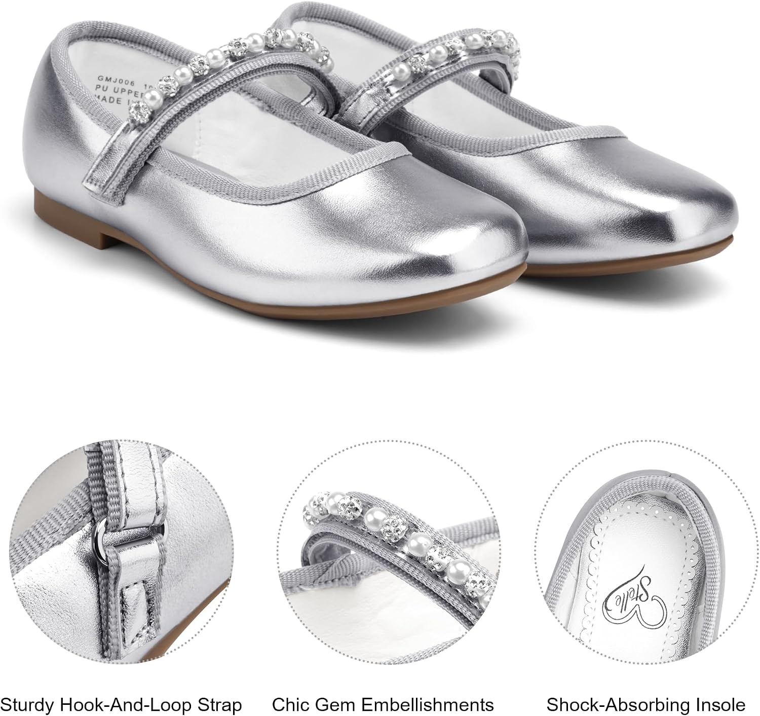 Stelle Girls Dress Shoes Beaded Mary Jane Flats for Flower Girl Party | Pearl and rhinestone, Hook-and-loop strap, Flexible outsole, Cushioned insole, School uniform, Wedding, Dress occasions(Silver)