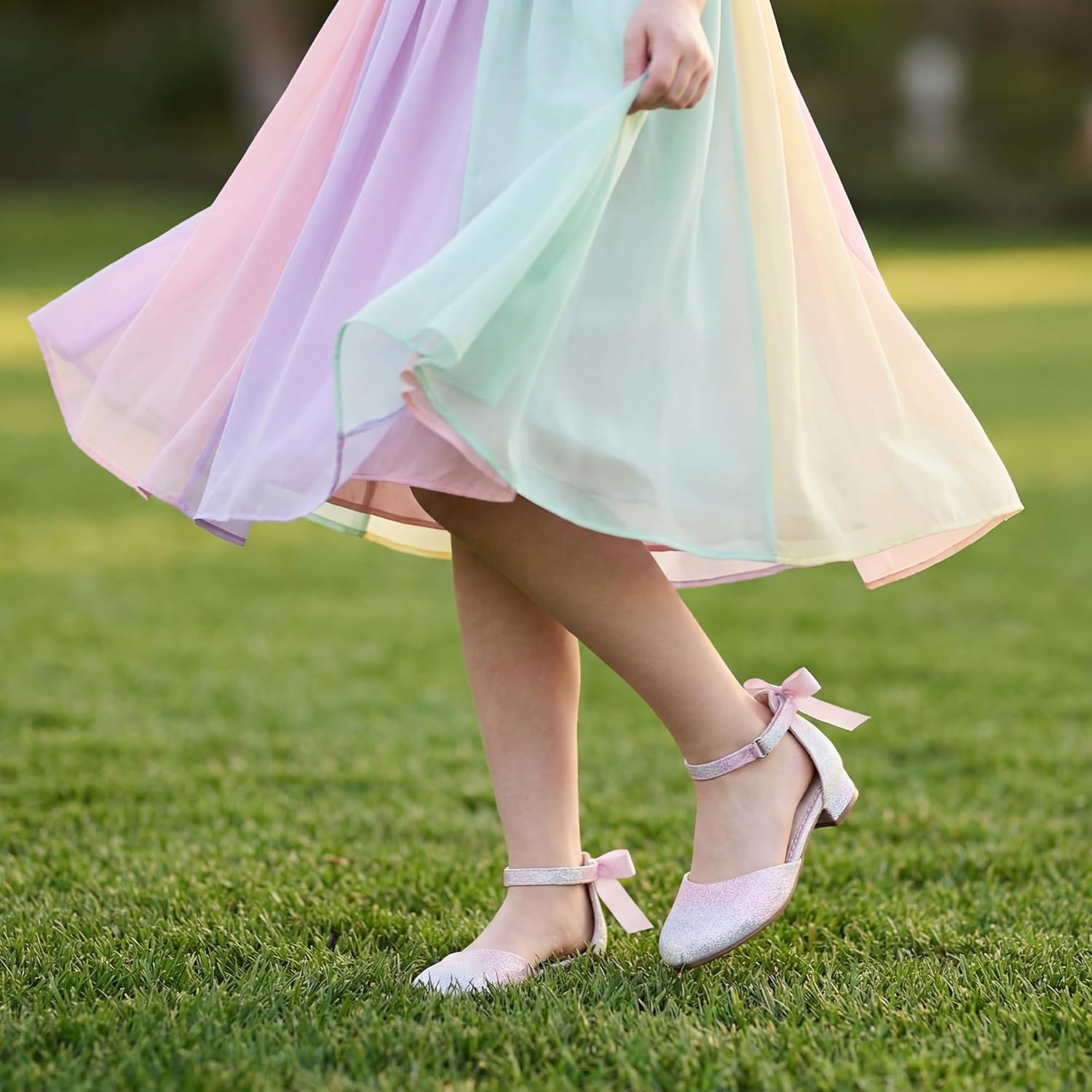 Stelle Girls Low Heel Dress Shoes with Detachable Bow for Wedding Party(Rainbow)