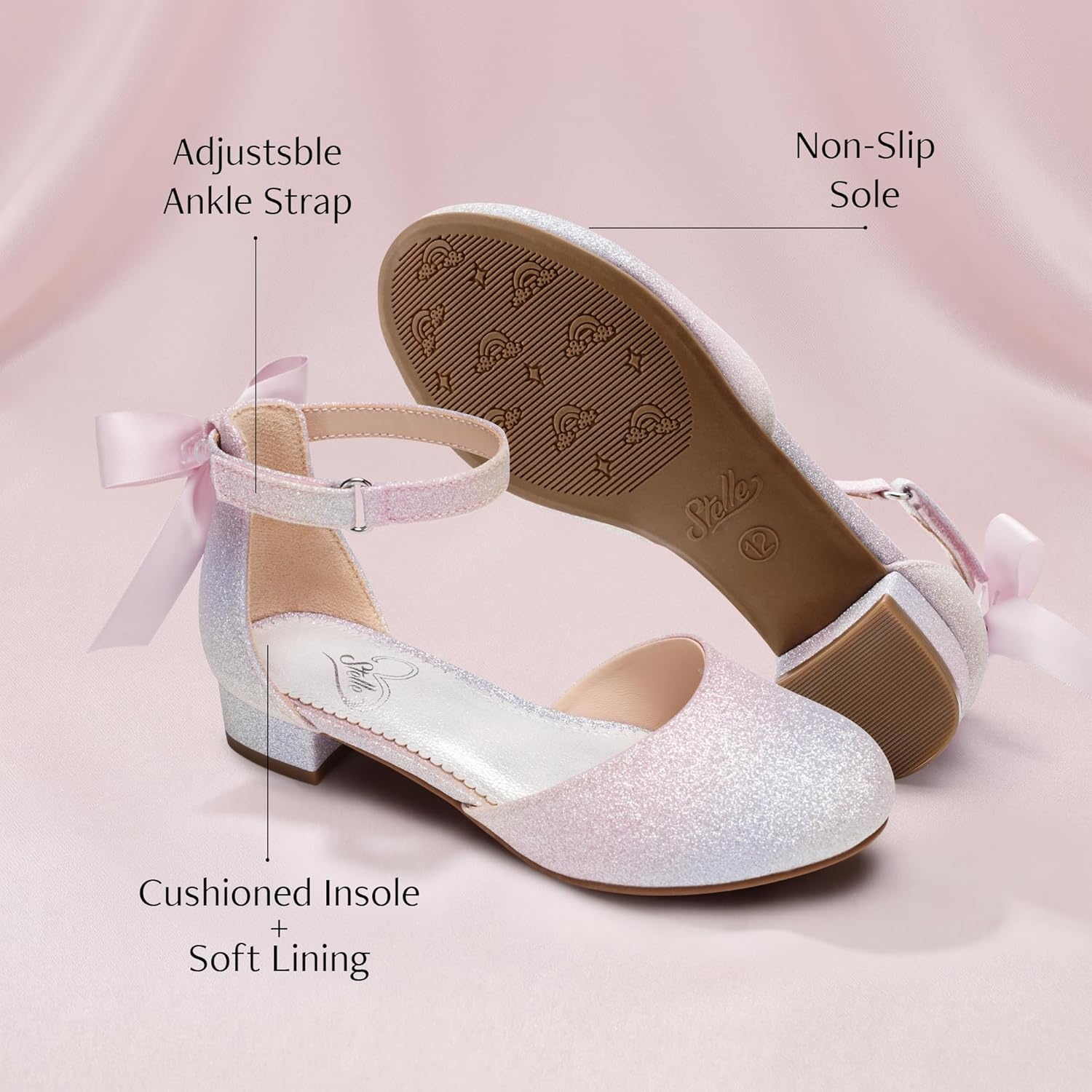 Stelle Girls Low Heel Dress Shoes with Detachable Bow for Wedding Party(Rainbow)