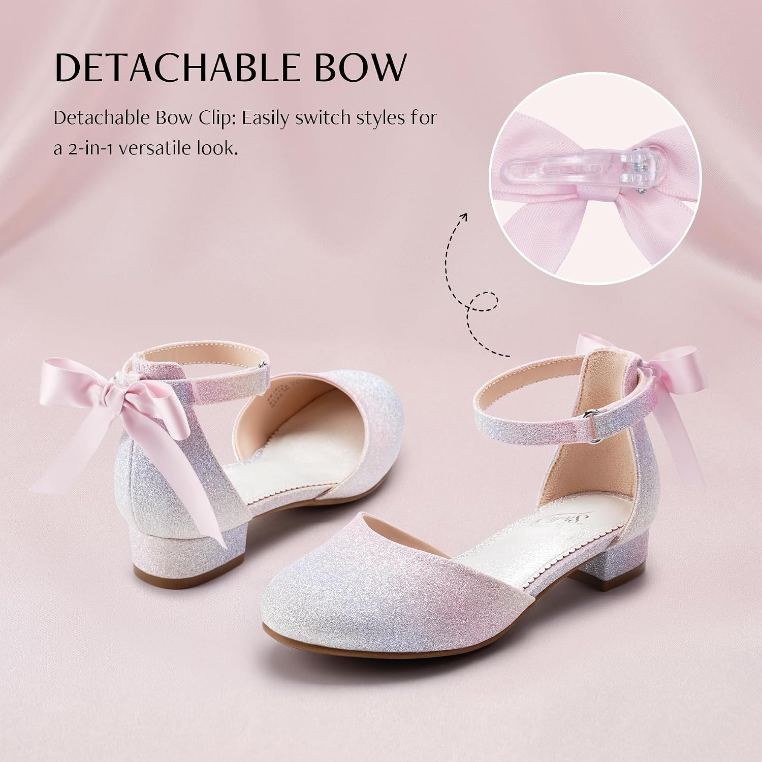 Stelle Girls Low Heel Dress Shoes with Detachable Bow for Wedding Party(Rainbow)