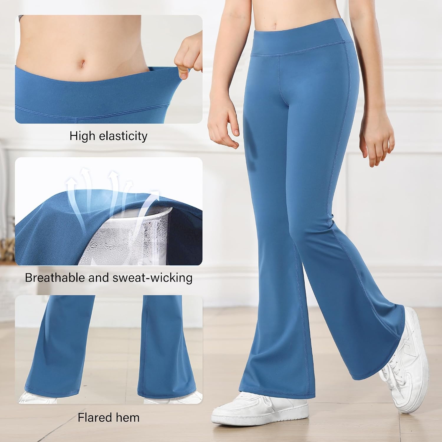 Stelle Girl’s Flare Leggings High Waisted Yoga Pants Bootcut Dance Casual Pants Activewear Kids Bell Bottoms(1pc Blue)