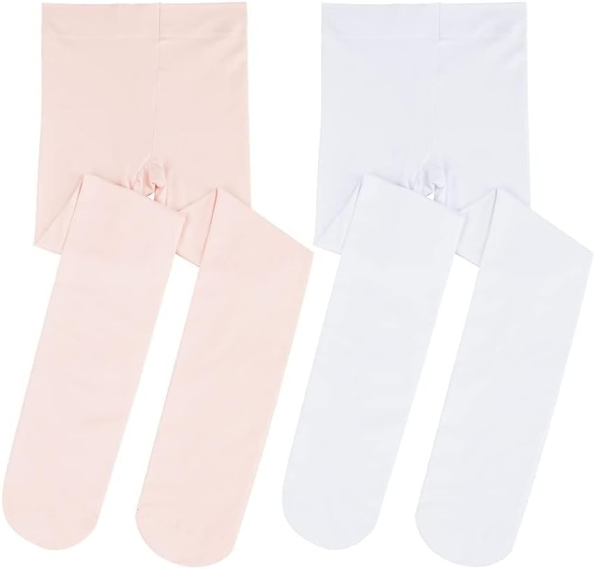 Stelle Girls’ Footed Ballet Tights for Dance Class Toddler Kids 2T-15Y(Ballet Pink+white)