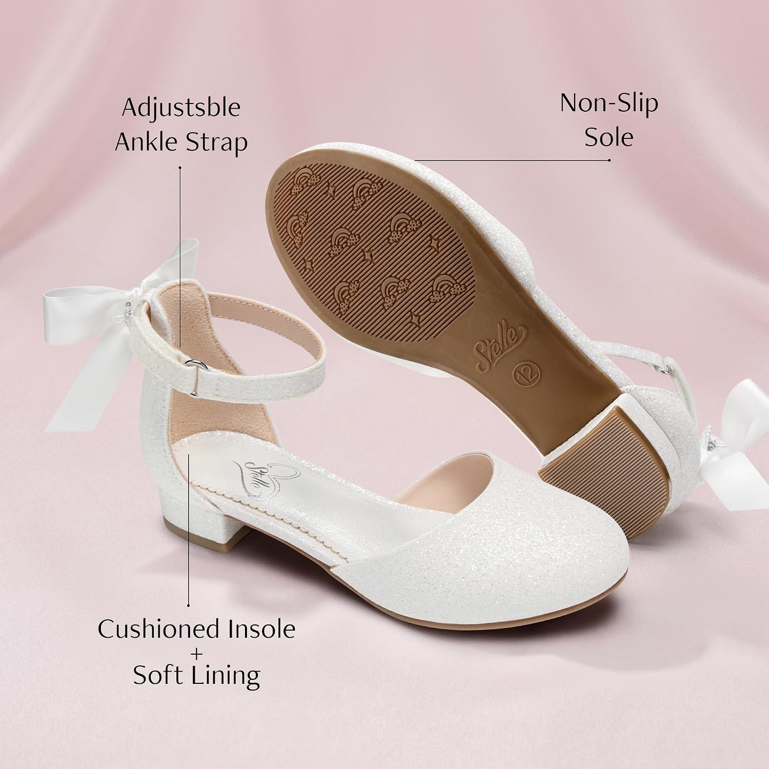 Stelle Girls Low Heel Dress Shoes with Detachable Bow for Wedding Party(White Glitter)