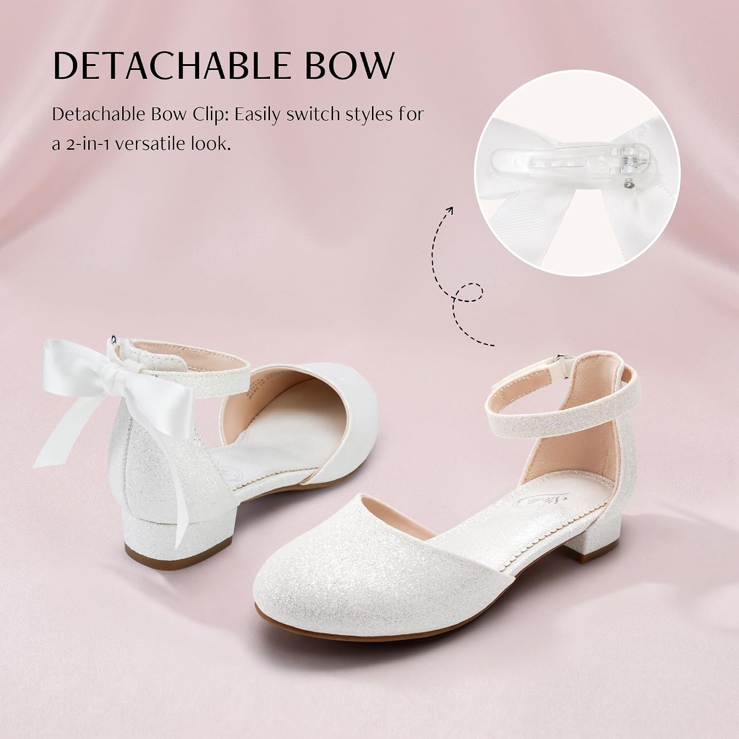 Stelle Girls Low Heel Dress Shoes with Detachable Bow for Wedding Party(White Glitter)