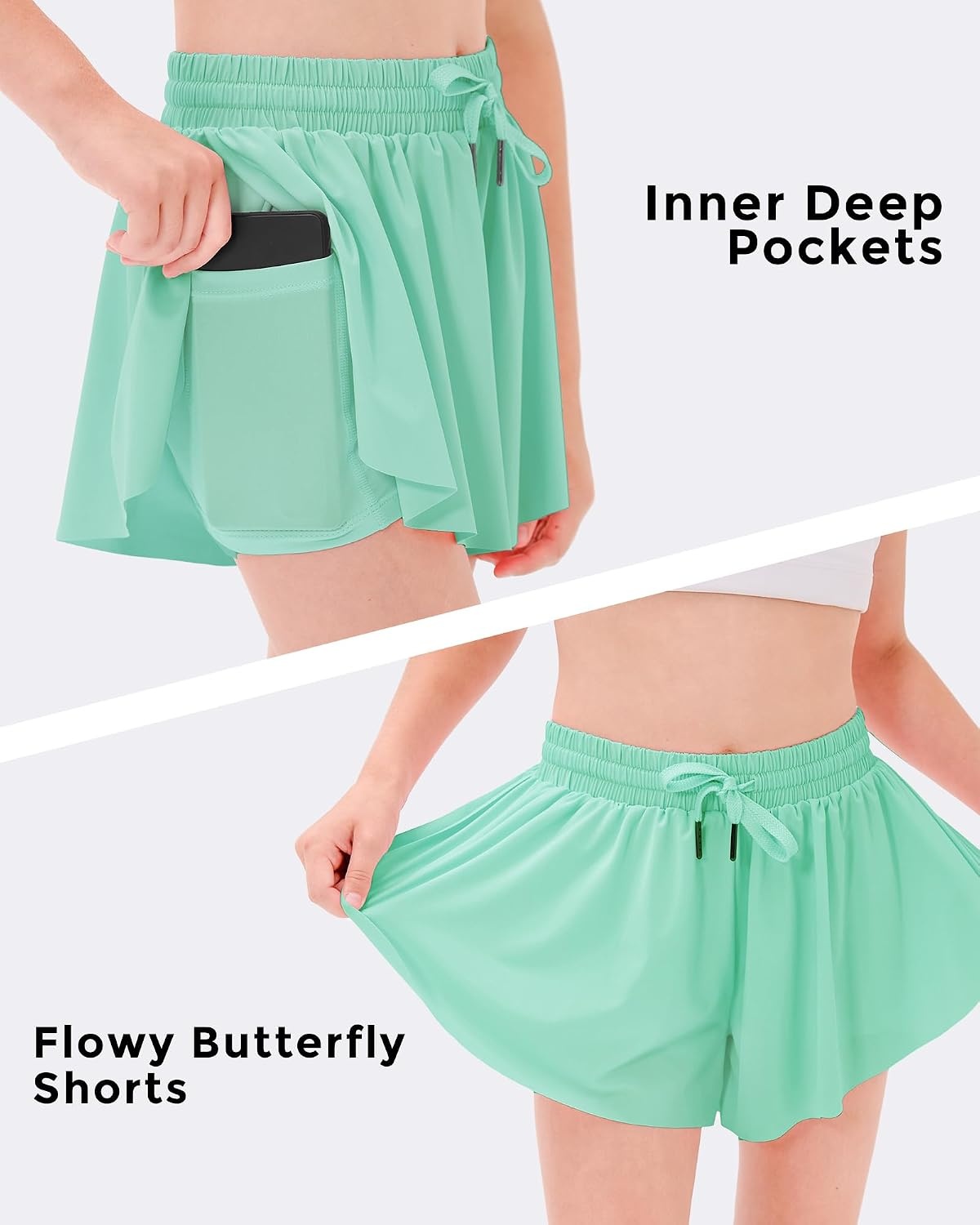 Stelle Girls Butterfly Shorts with Pockets Athletic Running Sports Skirt | 2 in 1 Sports short, 5-16 Years, Lightweight, Breathable, Quick-dry, Compression liner, 2 Inner pockets, Elastic waistband(Mint Green)