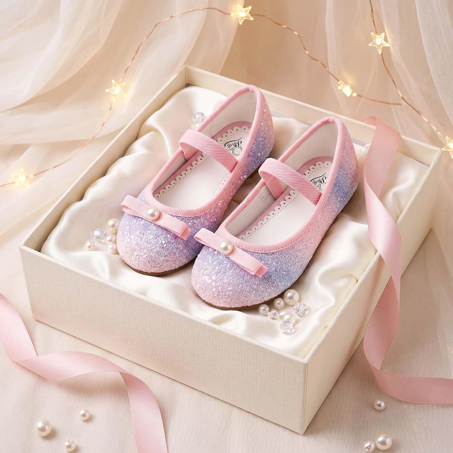 Stelle Girls Glitter Dress Shoes Flower Wedding Mary Jane Ballet Flats with Strap Toddler/Little/Big Kids(Rainbow)