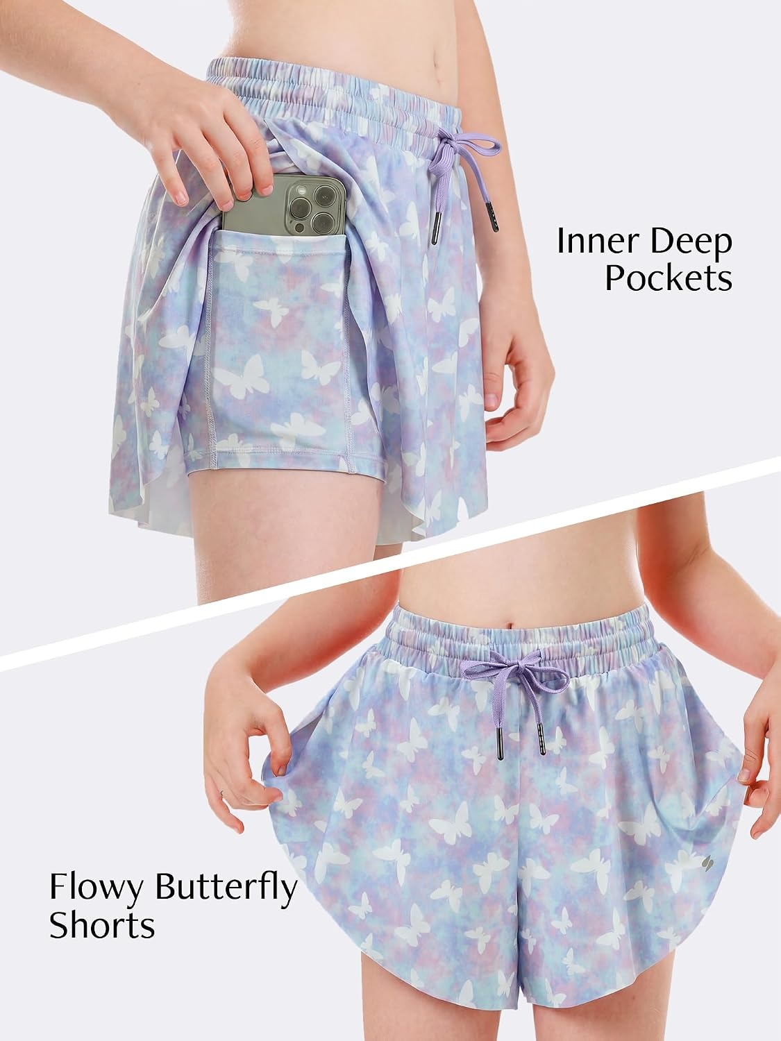 Stelle Girls Butterfly Shorts with Pockets Athletic Running Sports Skirt | 2 in 1 Sports short, 5-16 Years, Lightweight, Breathable, Quick-dry, Compression liner, 2 Inner pockets, Elastic waistband(Magic Flutter)