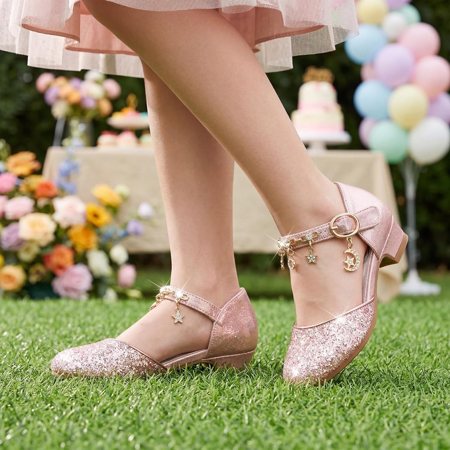 Stelle Girls High Heels Sequins Dress Sandals Princess Dress Shoes Flower Wedding Party Shoes(Pink)