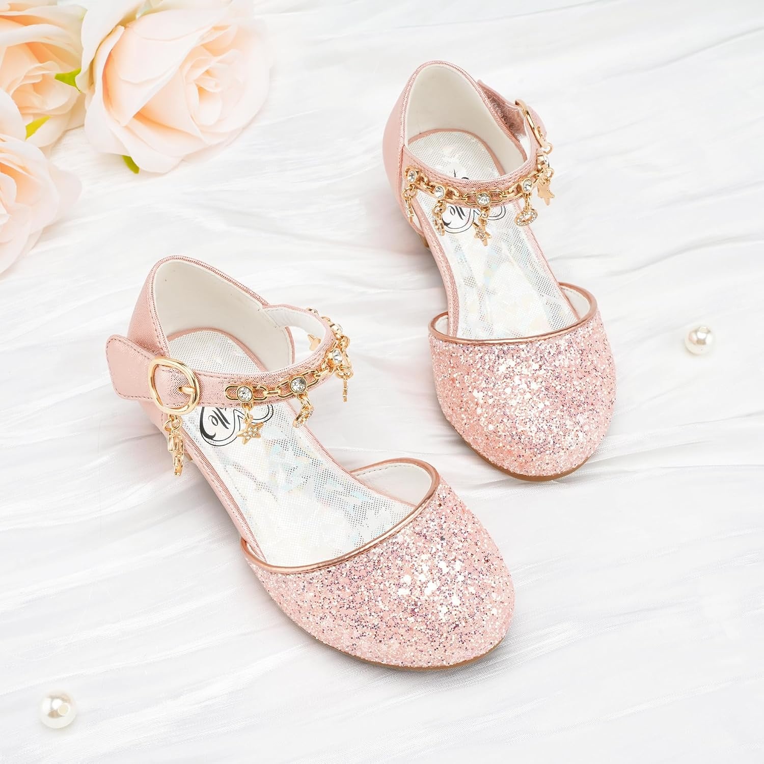 Stelle Girls High Heels Sequins Dress Sandals Princess Dress Shoes Flower Wedding Party Shoes(Pink)