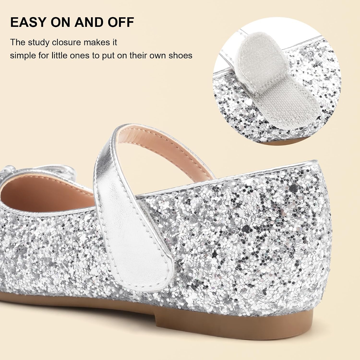 Stelle Girls Dress Shoes Mary Jane Flats for School Party Flower Girl | Hook-and-loop closure, Princess shoes, Cushioned comfort, Uniform, Wedding, Dress occasions, Patent finish, Glitter finish(Siliver2)