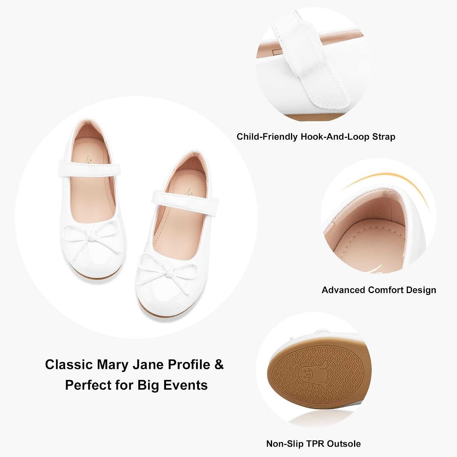 Stelle Girls Dress Shoes Mary Jane Flats for School Party Flower Girl | Hook-and-loop closure, Princess shoes, Cushioned comfort, Uniform, Wedding, Dress occasions, Patent finish, Glitter finish(1-white)