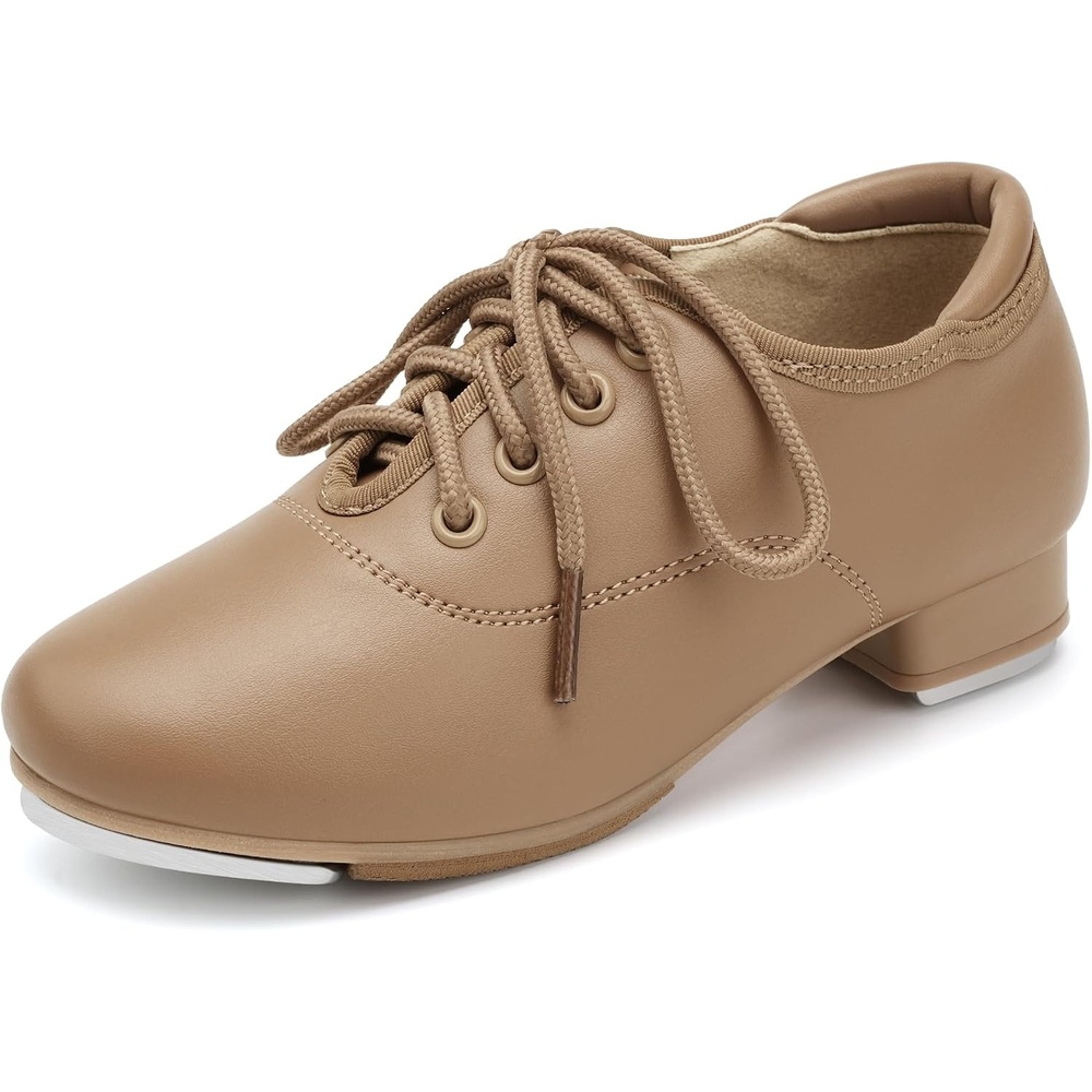 Stelle Lace-Up Kids Tap Shoes Dance Shoes for Girls | Secure lace closure,Attached toe and heel taps,Cushioned insole,Flexible outsole,Dance class practice,Little to big kids(Tan)
