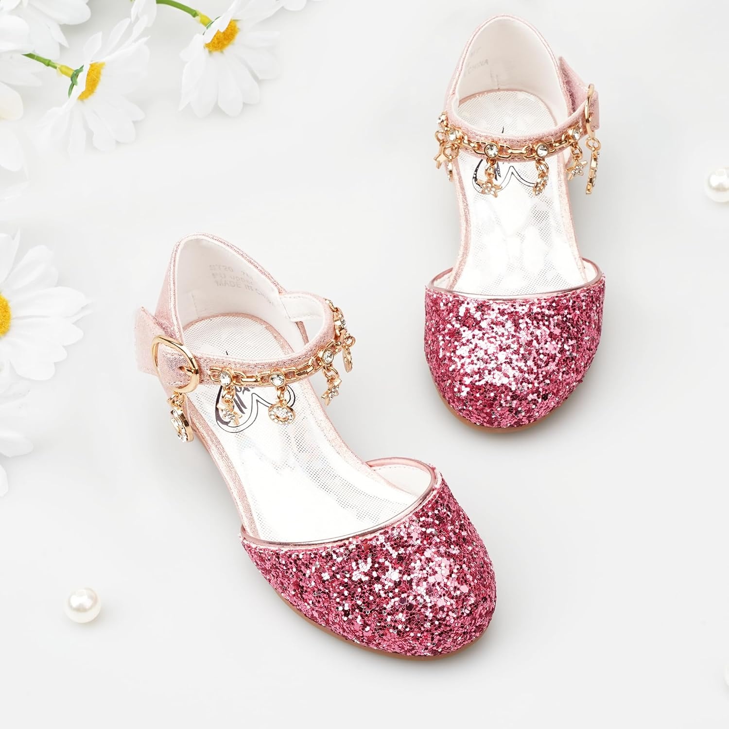 Stelle Girls High Heels Sequins Dress Sandals Princess Dress Shoes Flower Wedding Party Shoes(Red-hot Pink Glitter)