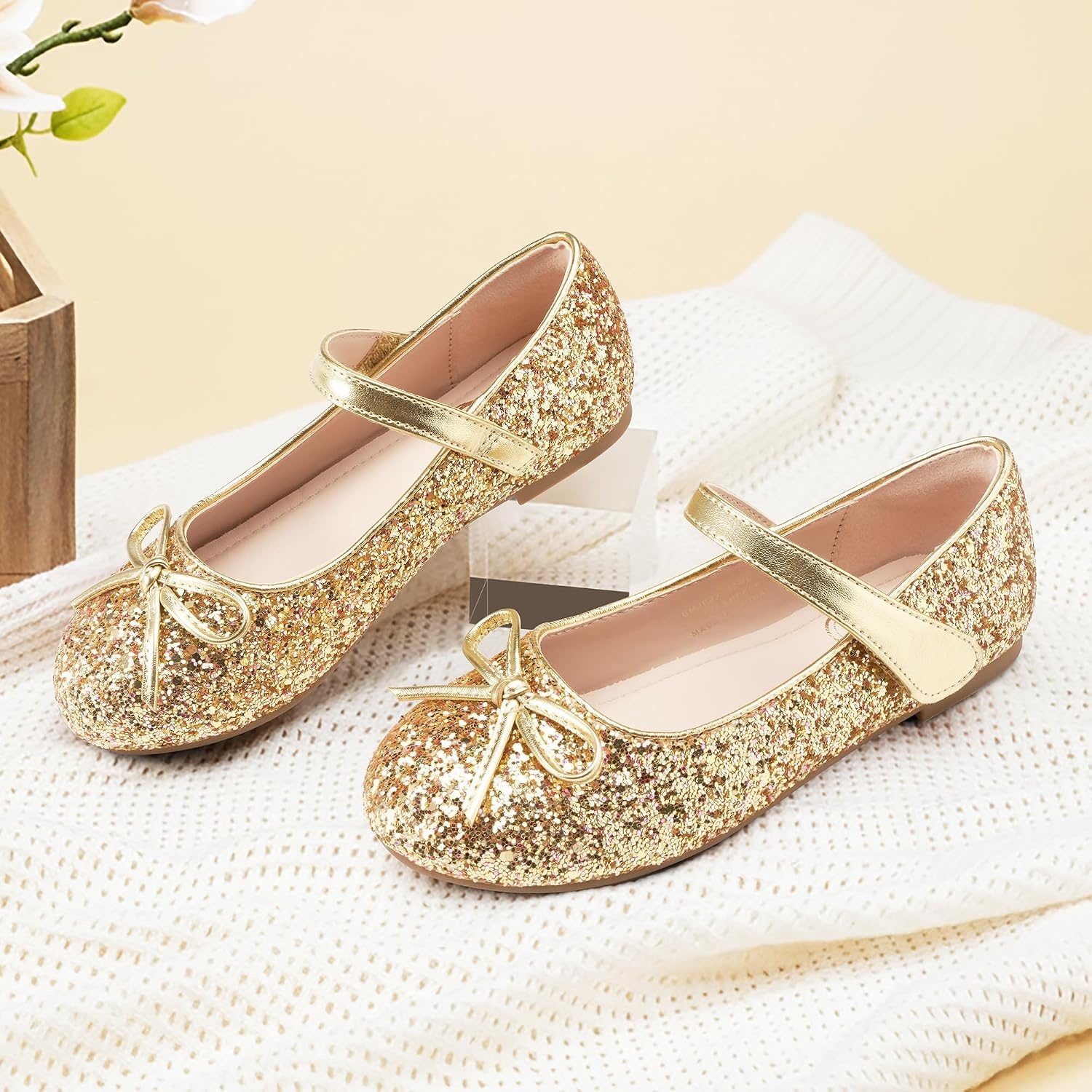 Stelle Girls Dress Shoes Mary Jane Flats for School Party Flower Girl | Hook-and-loop closure, Princess shoes, Cushioned comfort, Uniform, Wedding, Dress occasions, Patent finish, Glitter finish(1-gold)