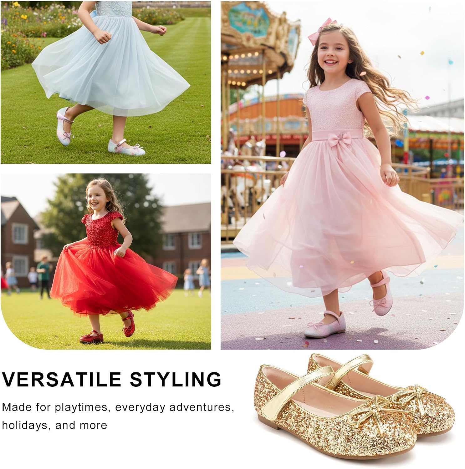 Stelle Girls Dress Shoes Mary Jane Flats for School Party Flower Girl | Hook-and-loop closure, Princess shoes, Cushioned comfort, Uniform, Wedding, Dress occasions, Patent finish, Glitter finish(1-gold)