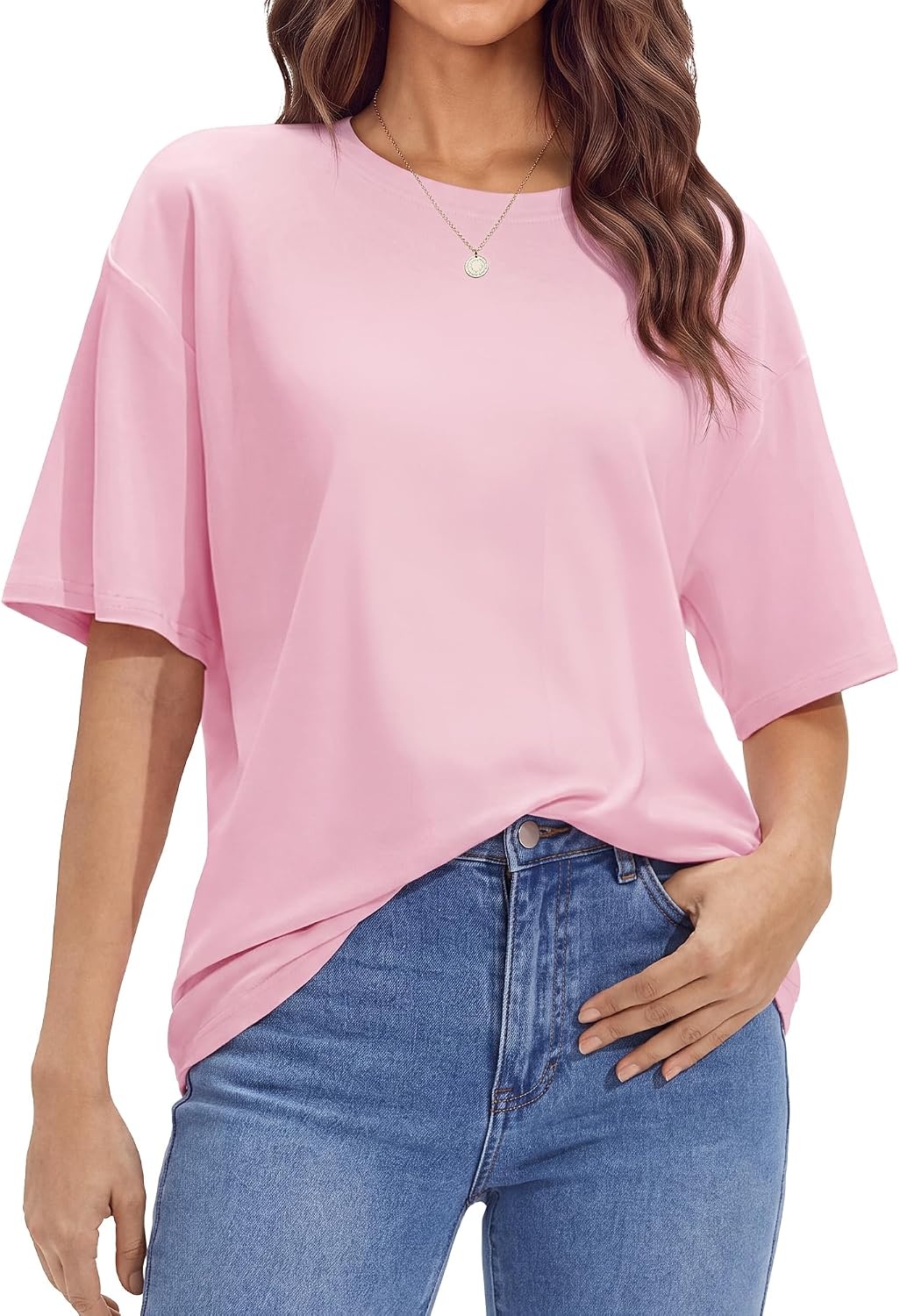 Stelle Non See Through Oversized T Shirts Women Crew Neck Short Sleeve Summer Tops Soft Basic Tee Shirt(Pink)