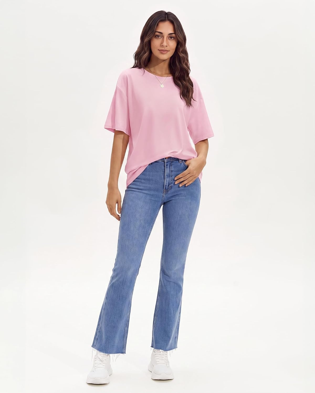 Stelle Non See Through Oversized T Shirts Women Crew Neck Short Sleeve Summer Tops Soft Basic Tee Shirt(Pink)