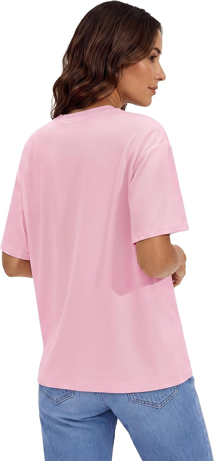 Stelle Non See Through Oversized T Shirts Women Crew Neck Short Sleeve Summer Tops Soft Basic Tee Shirt(Pink)