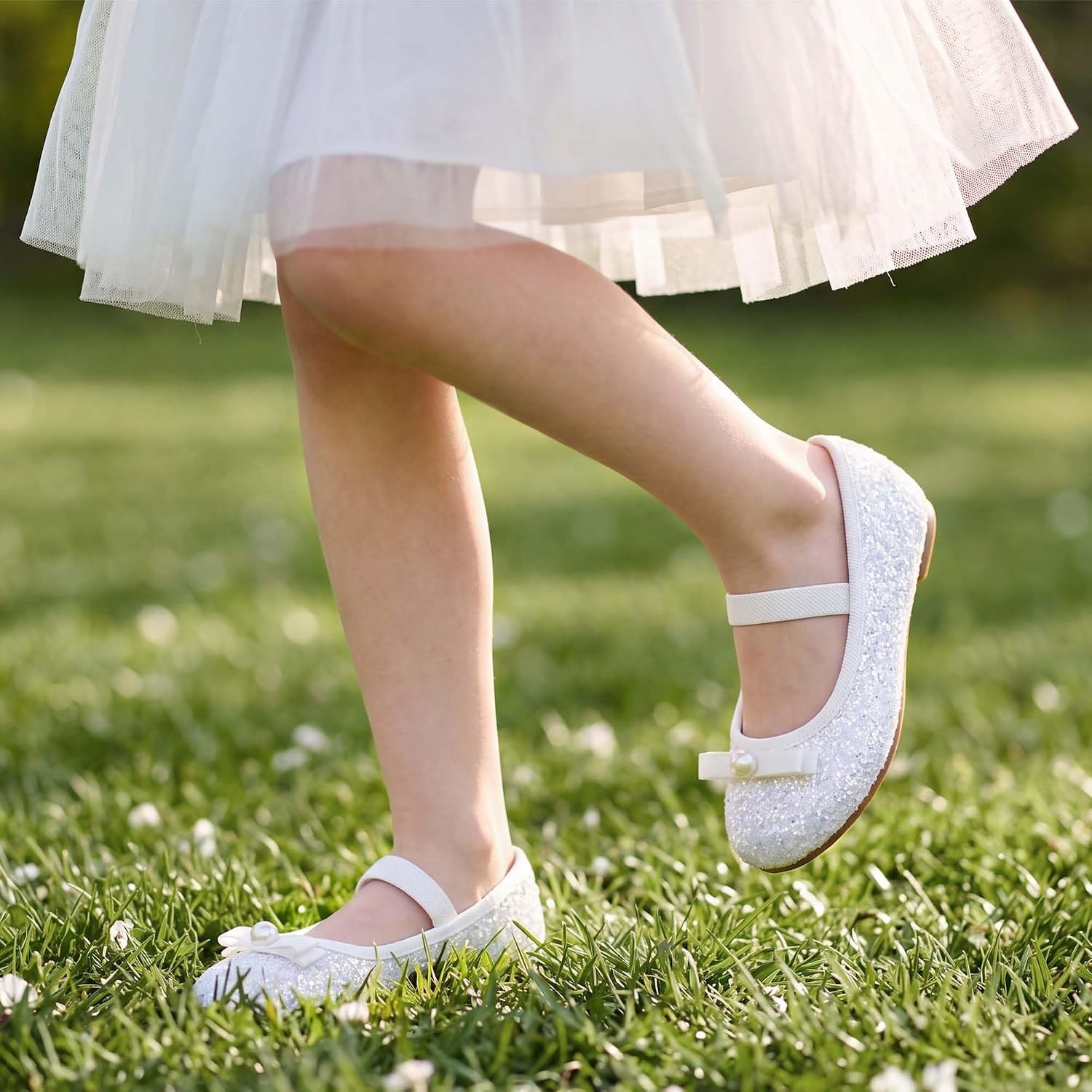 Stelle Girls Glitter Dress Shoes Flower Wedding Mary Jane Ballet Flats with Strap Toddler/Little/Big Kids(White)