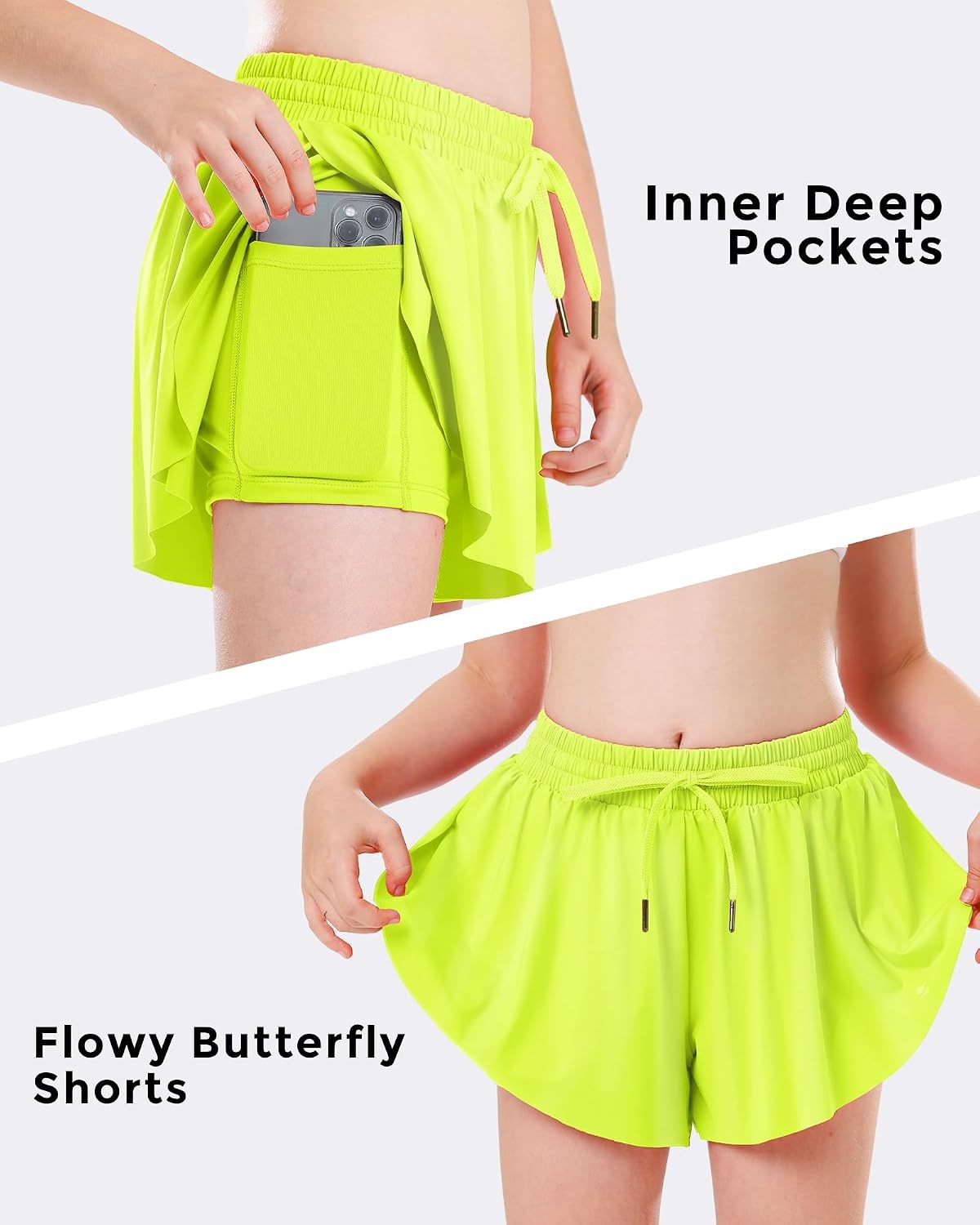 Stelle Girls Butterfly Shorts with Pockets Athletic Running Sports Skirt | 2 in 1 Sports short, 5-16 Years, Lightweight, Breathable, Quick-dry, Compression liner, 2 Inner pockets, Elastic waistband(Lime)