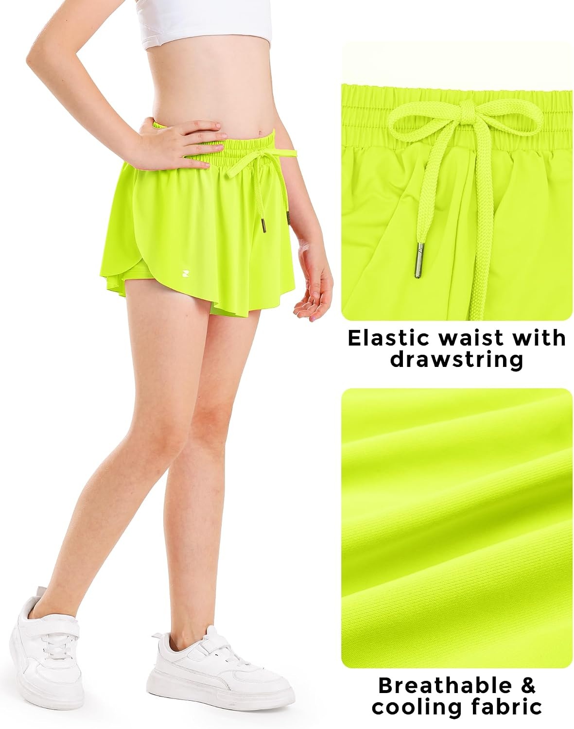 Stelle Girls Butterfly Shorts with Pockets Athletic Running Sports Skirt | 2 in 1 Sports short, 5-16 Years, Lightweight, Breathable, Quick-dry, Compression liner, 2 Inner pockets, Elastic waistband(Lime)