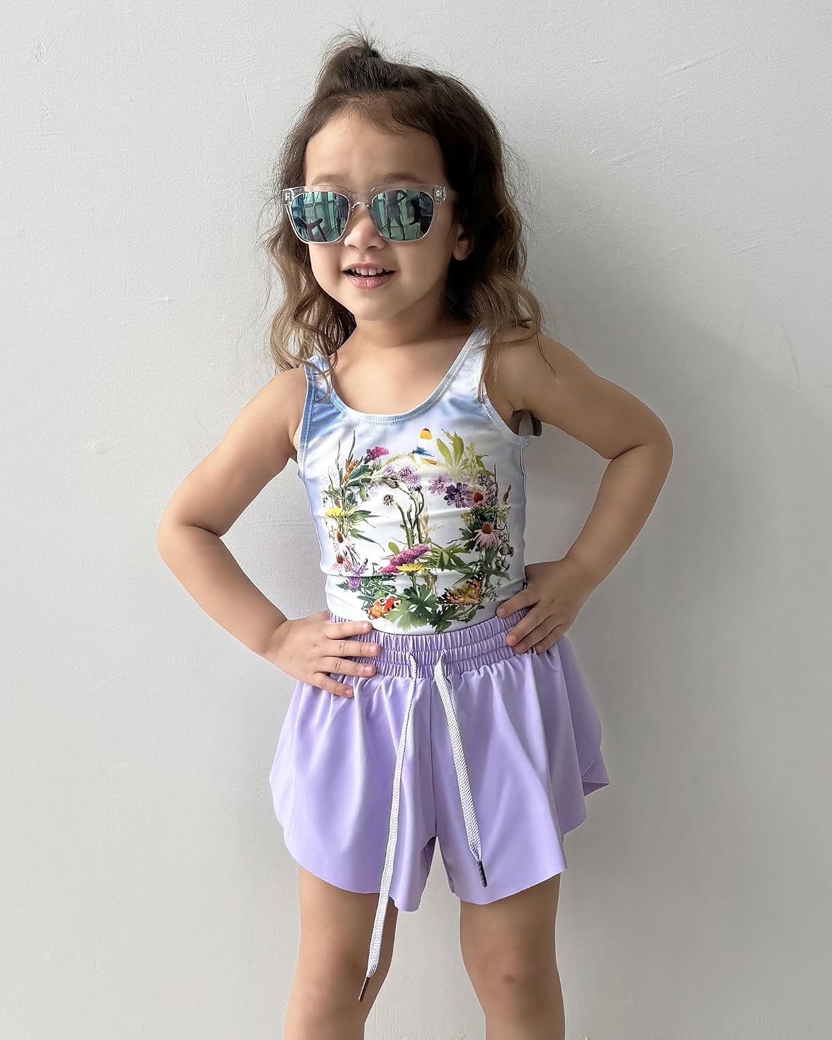 Stelle Girls Flowy Shorts with Pockets Athletic Running Skirt High Waist Butterfly 2 in 1 Sports Short 5-16 Years(Lavender)