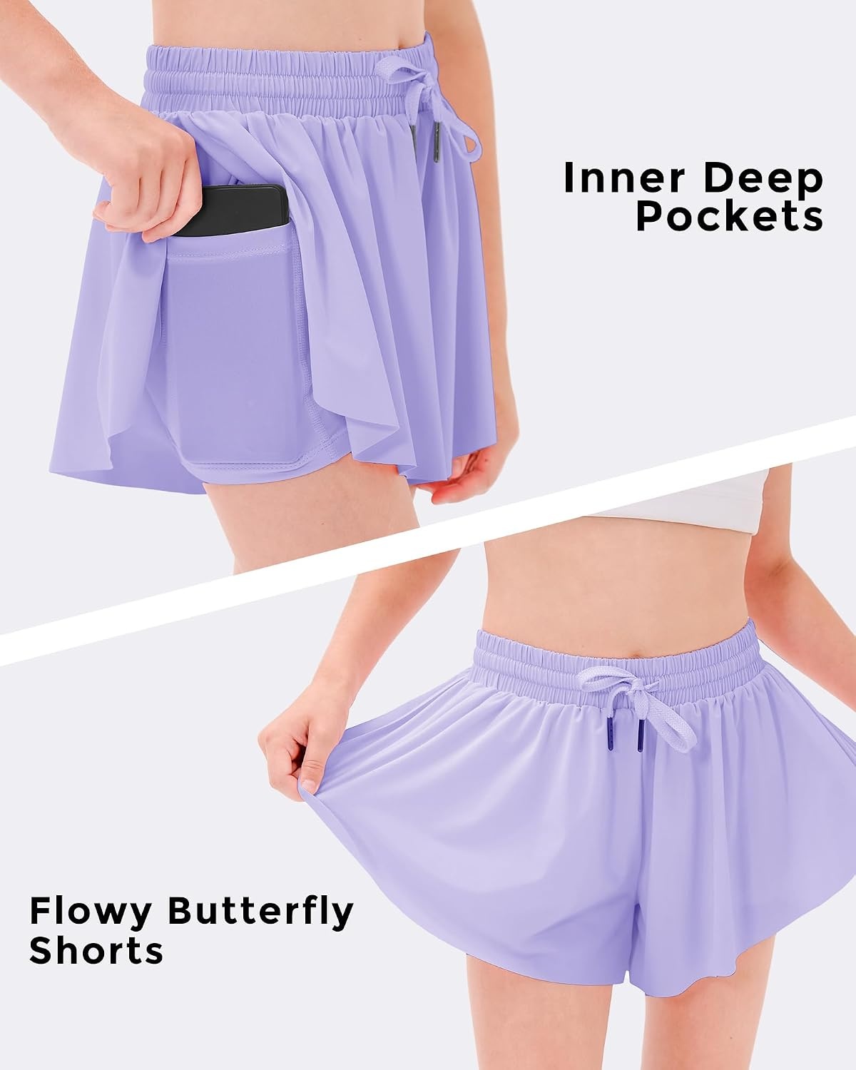 Stelle Girls Flowy Shorts with Pockets Athletic Running Skirt High Waist Butterfly 2 in 1 Sports Short 5-16 Years(Lavender)
