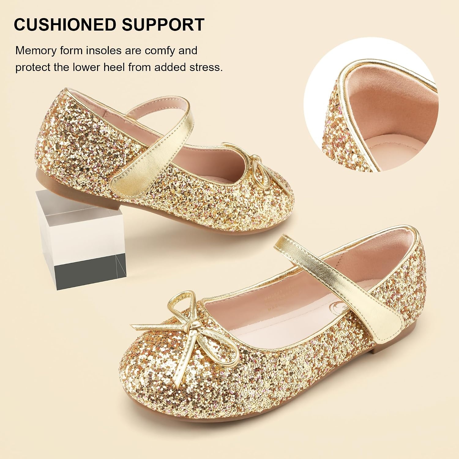 Stelle Girls Dress Shoes Mary Jane Flats for School Party Flower Girl | Hook-and-loop closure, Princess shoes, Cushioned comfort, Uniform, Wedding, Dress occasions, Patent finish, Glitter finish(Gold2)