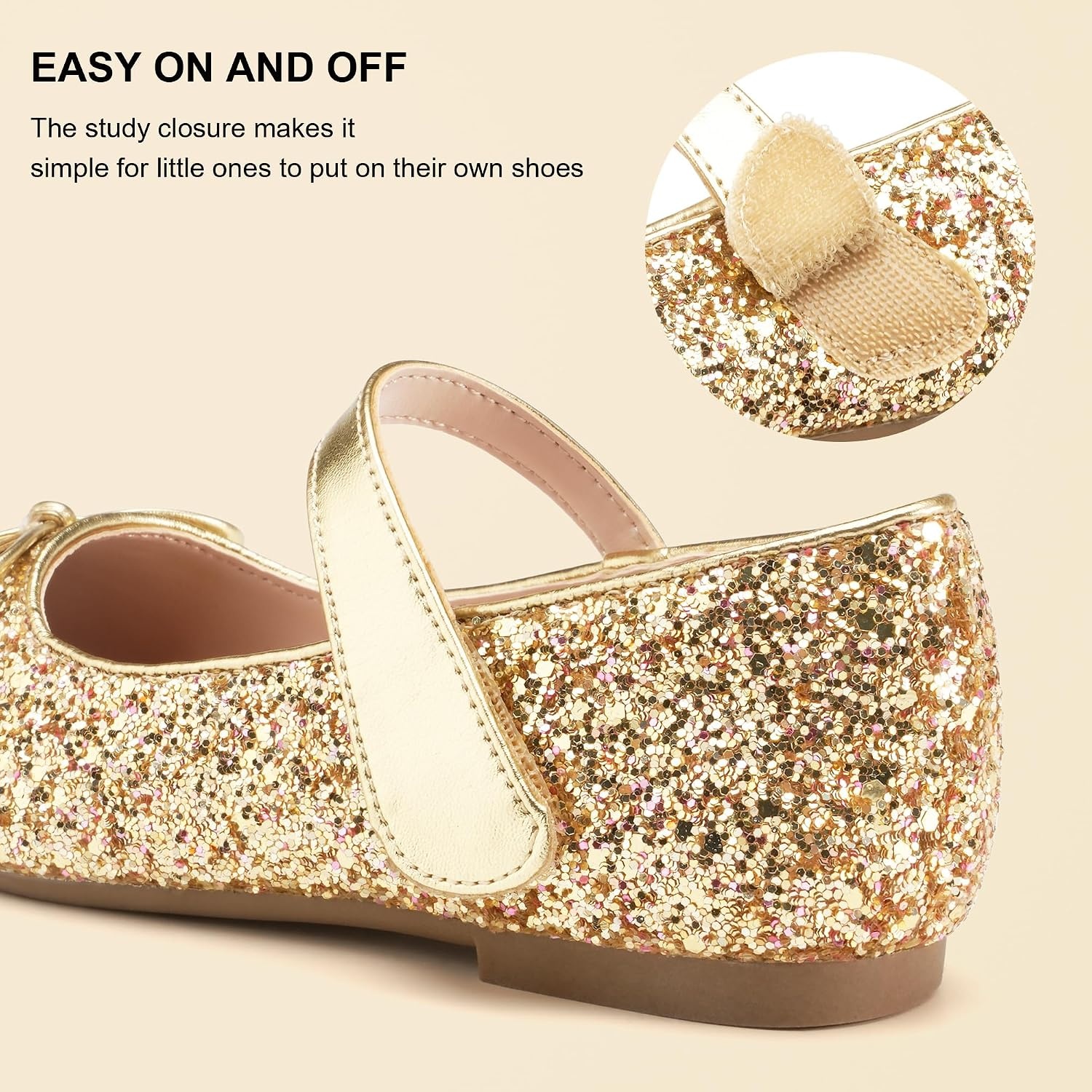 Stelle Girls Dress Shoes Mary Jane Flats for School Party Flower Girl | Hook-and-loop closure, Princess shoes, Cushioned comfort, Uniform, Wedding, Dress occasions, Patent finish, Glitter finish(Gold2)