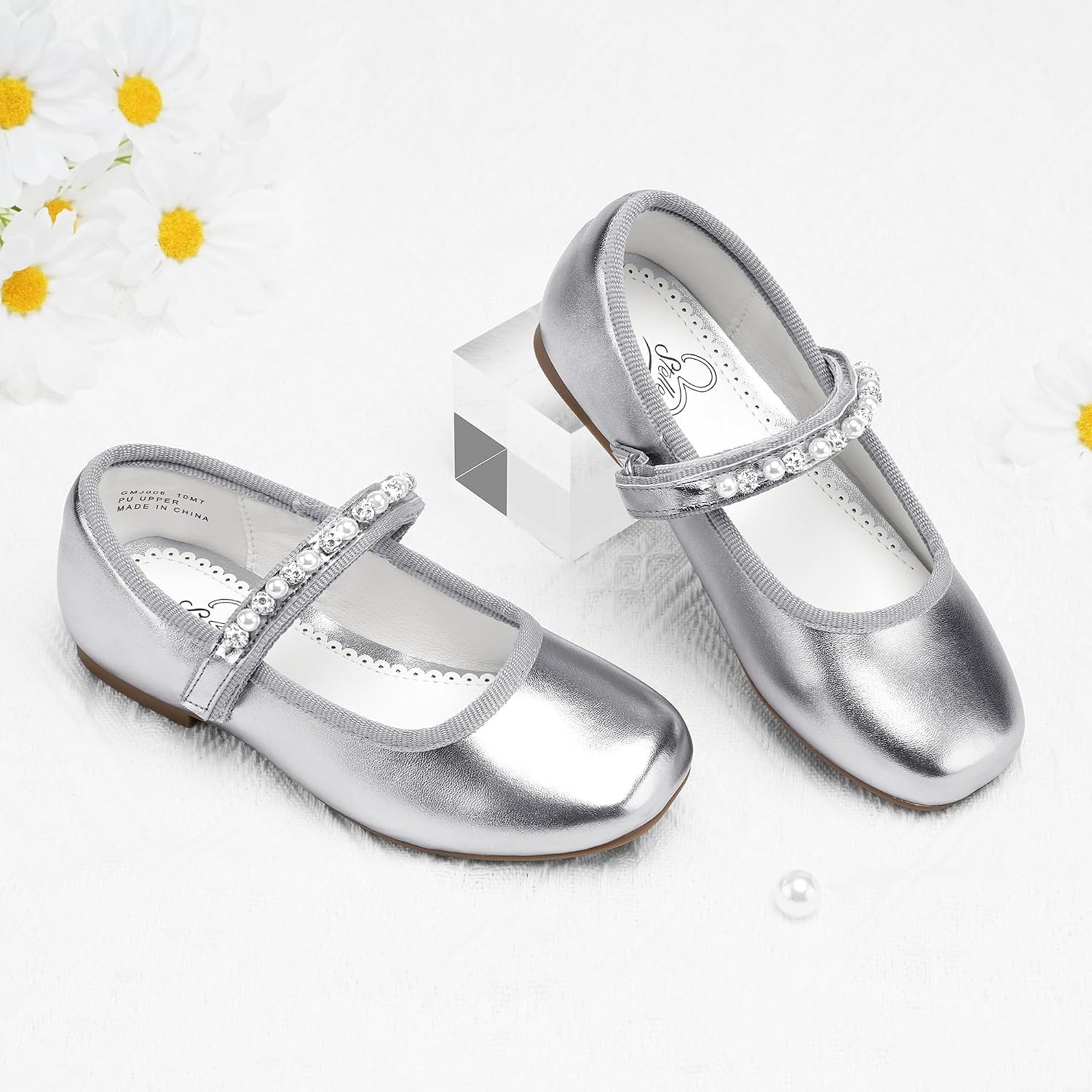 Stelle Girls Dress Shoes Beaded Mary Jane Flats for Flower Girl Party(Silver)