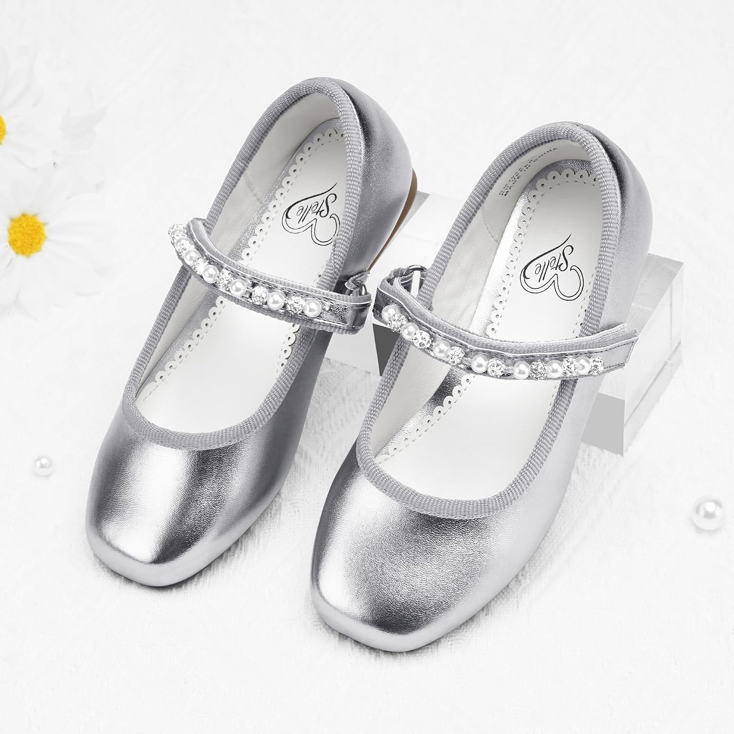 Stelle Girls Dress Shoes Beaded Mary Jane Flats for Flower Girl Party(Silver)