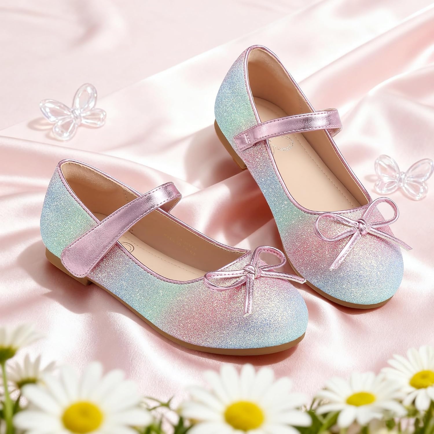 Stelle Girls Dress Shoes Mary Jane Flats for School Party Flower Girl | Hook-and-loop closure, Princess shoes, Cushioned comfort, Uniform, Wedding, Dress occasions, Patent finish, Glitter finish(1-unicorn Dust)