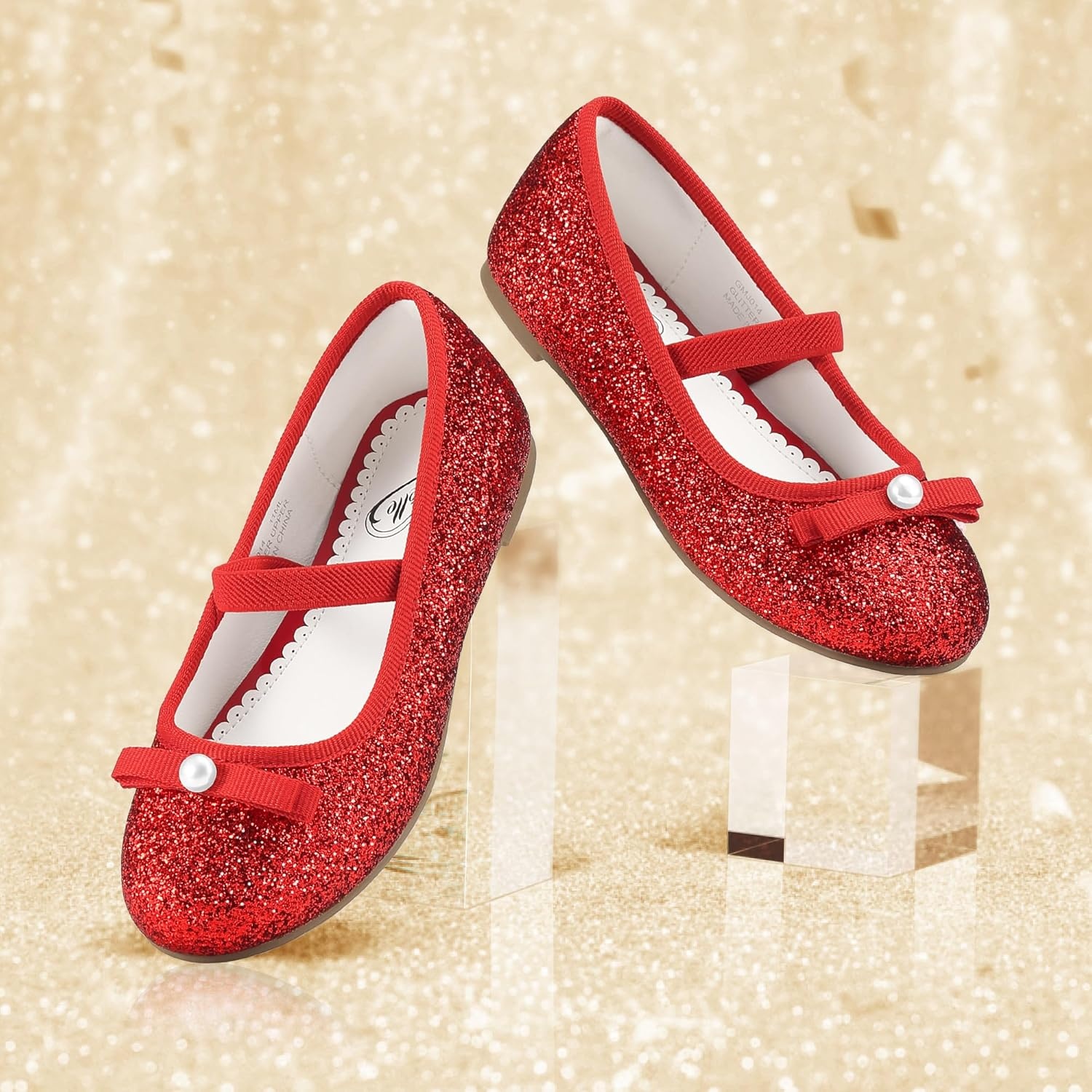 Stelle Girls Glitter Dress Shoes Flower Wedding Mary Jane Ballet Flats with Strap Toddler/Little/Big Kids(Red)