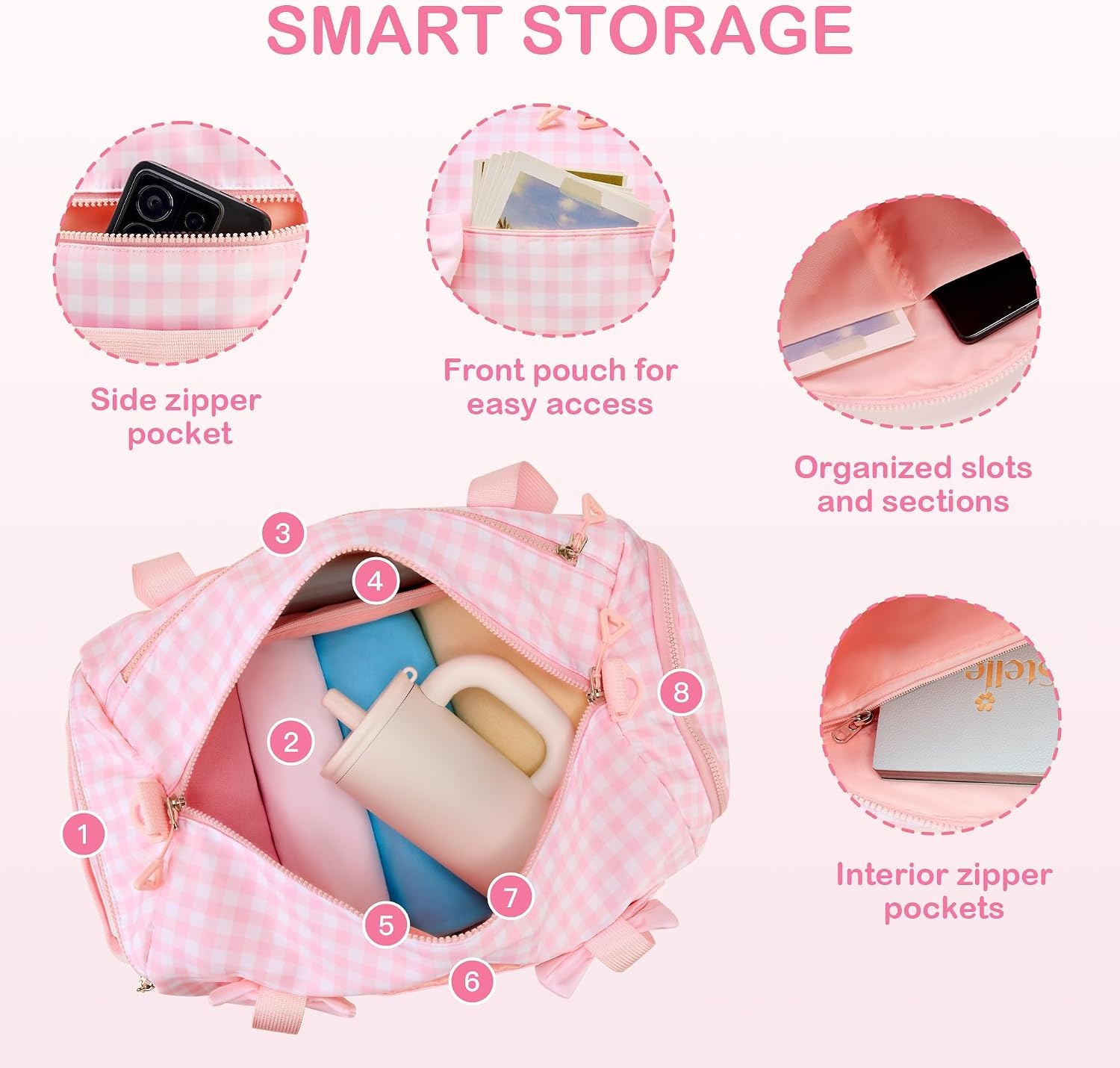 STELLE Dance Bag for Girls Pink Gymnastics Duffle Bag with Shoe Compartment Kids Cheer Bags Ballet Gifts Sports Gym Travel(Pink Gingham,F)(Pink Gingham)